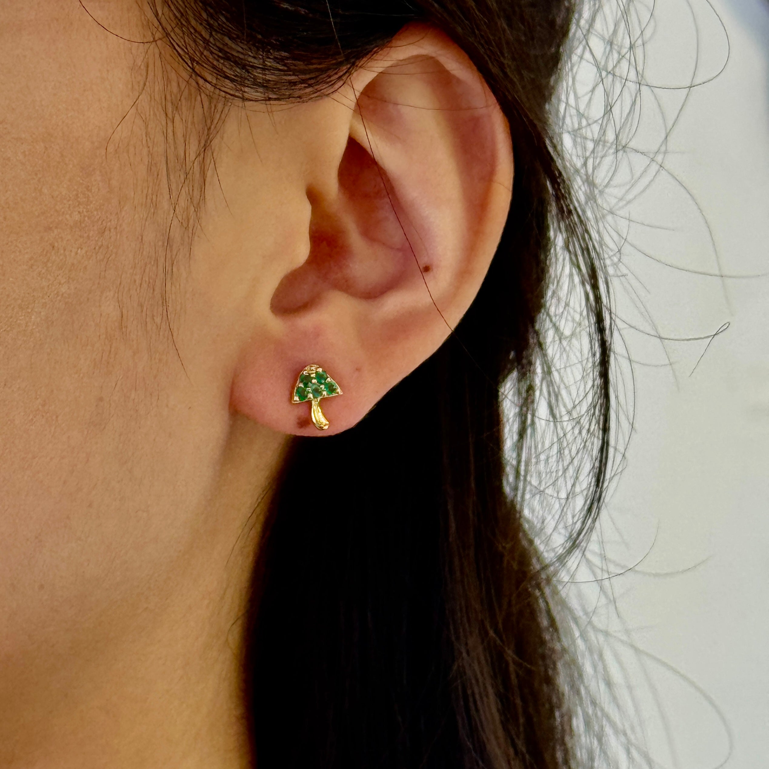 Emerald Mushroom Gold Studs Earrings In 14k