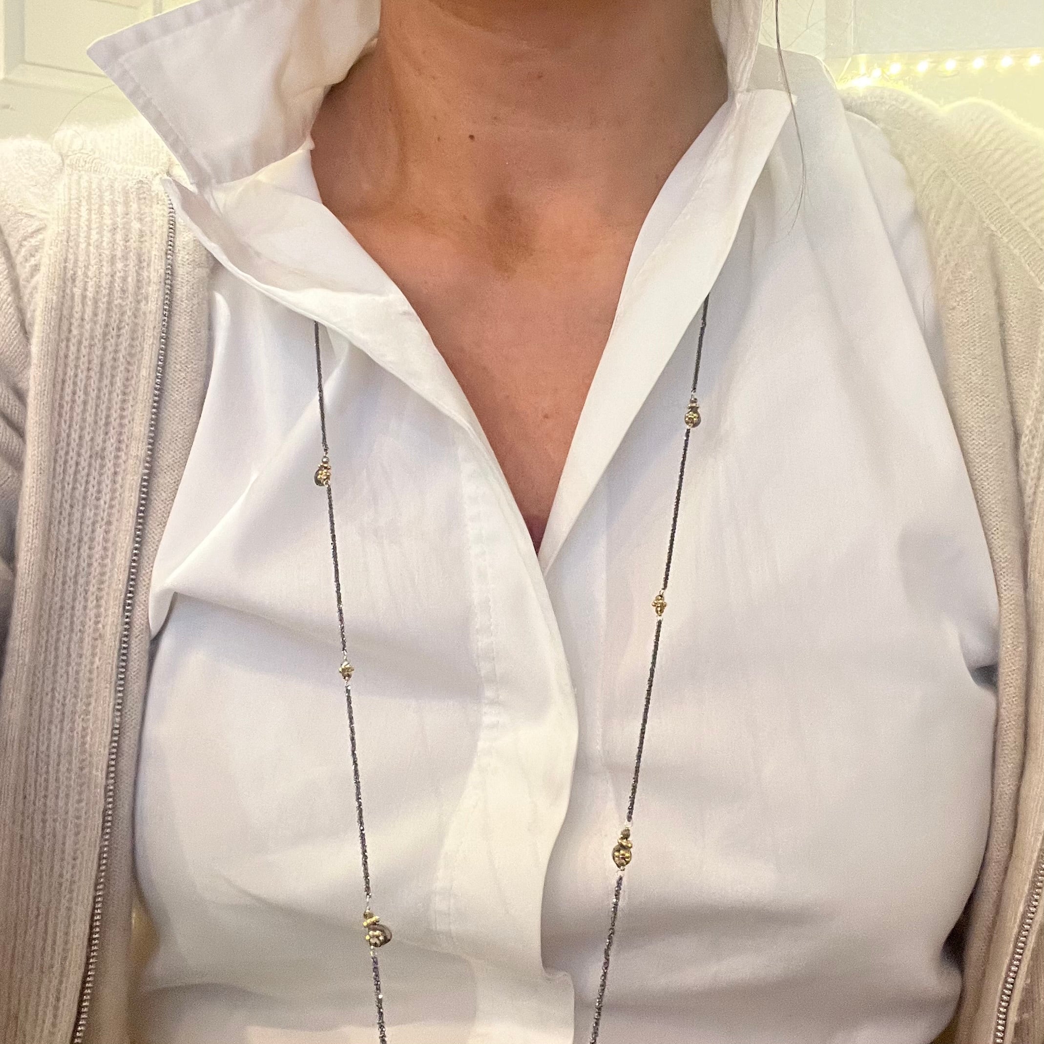 Flapper Chic Long Silver Necklace- Pyrite