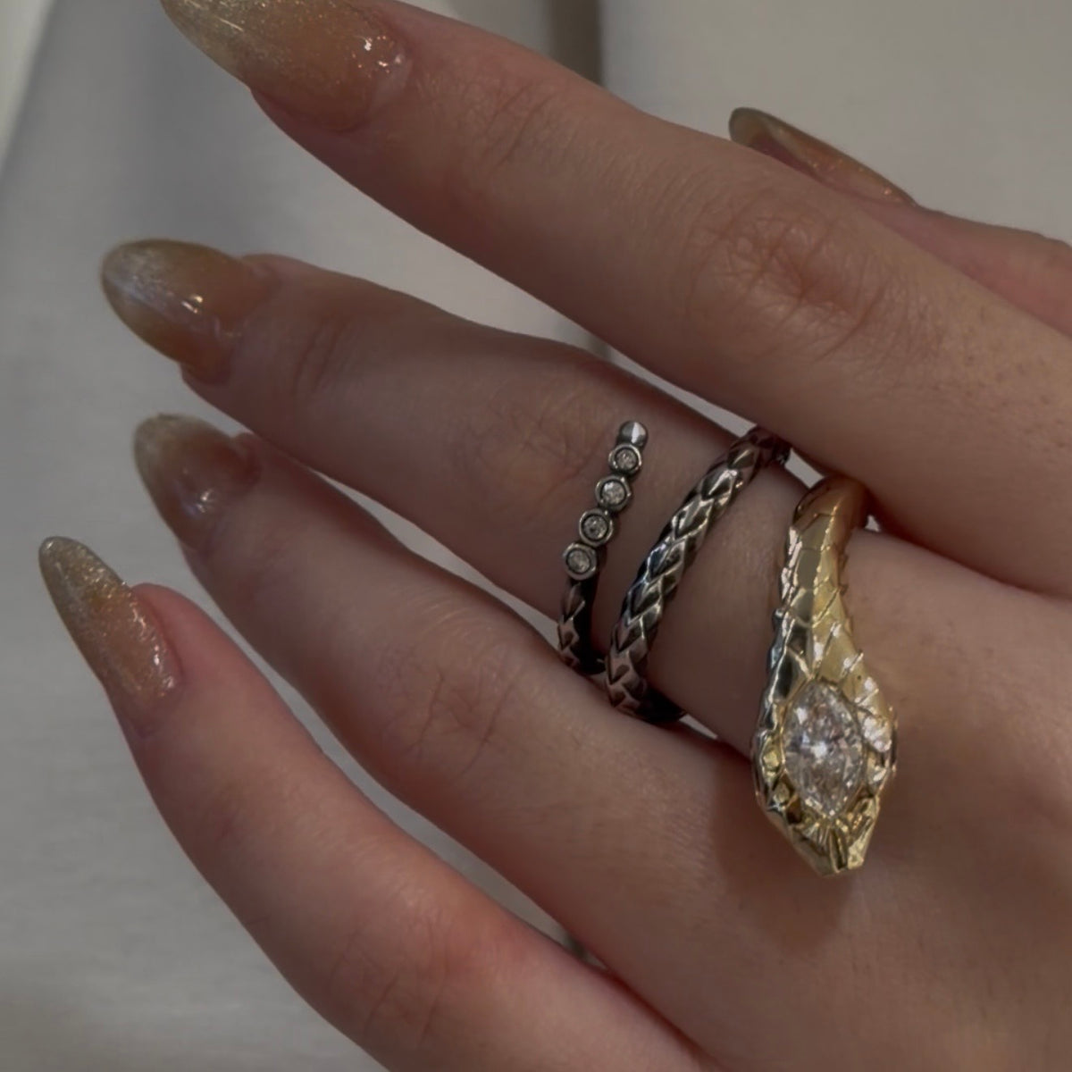 Golden Diamond Snake Silver Spiral Ring