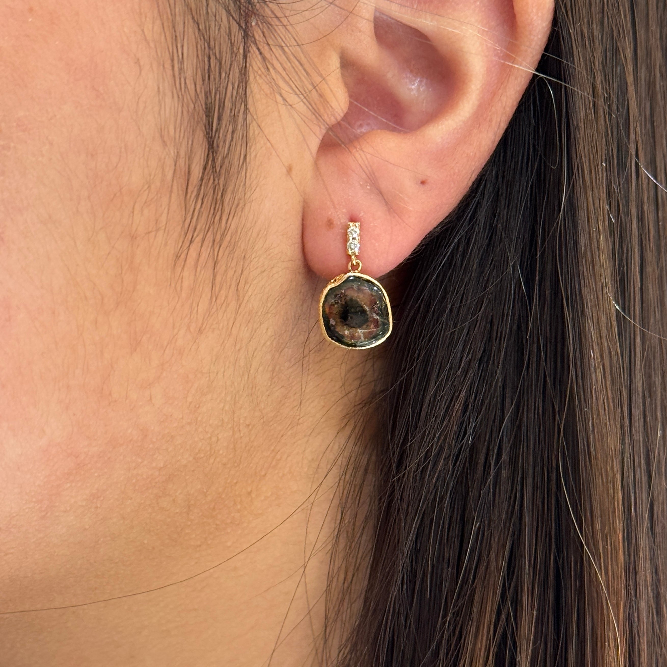 Watermelon Tourmaline Drop Diamond Bar Stud Earrings