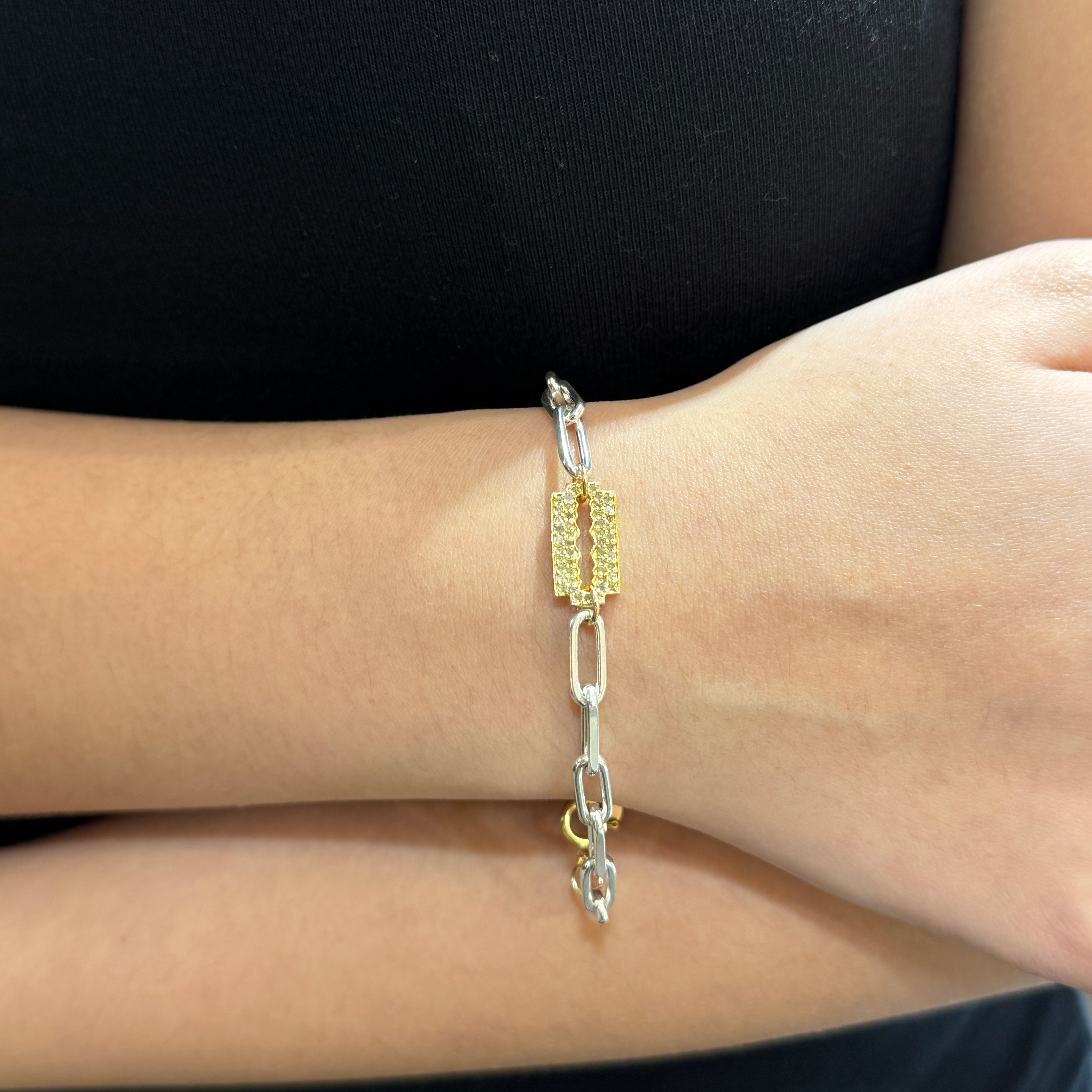 Pave Diamond Keyhole Silver Paperclip Bracelet