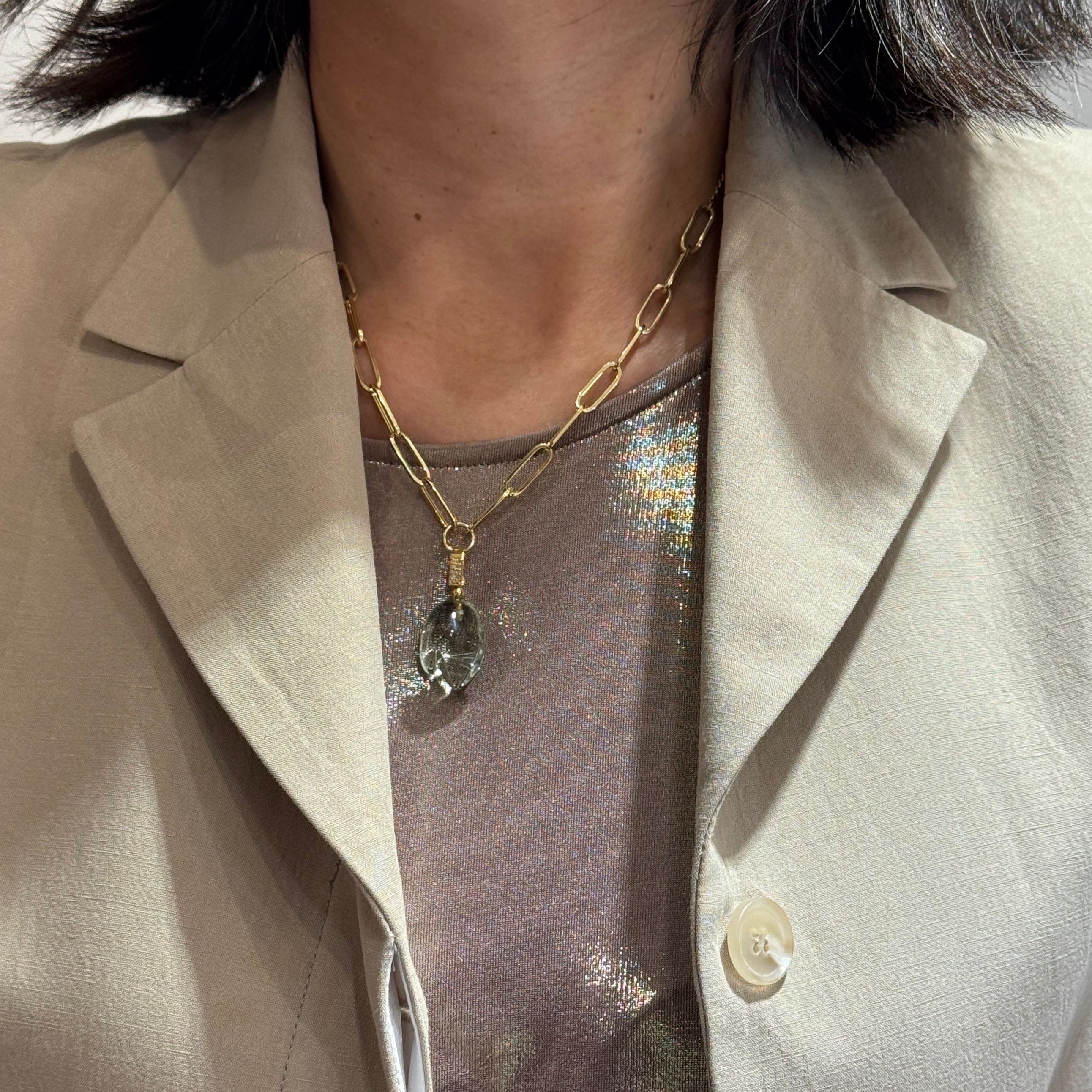 Green Amethyst Pendant Necklace In 14K