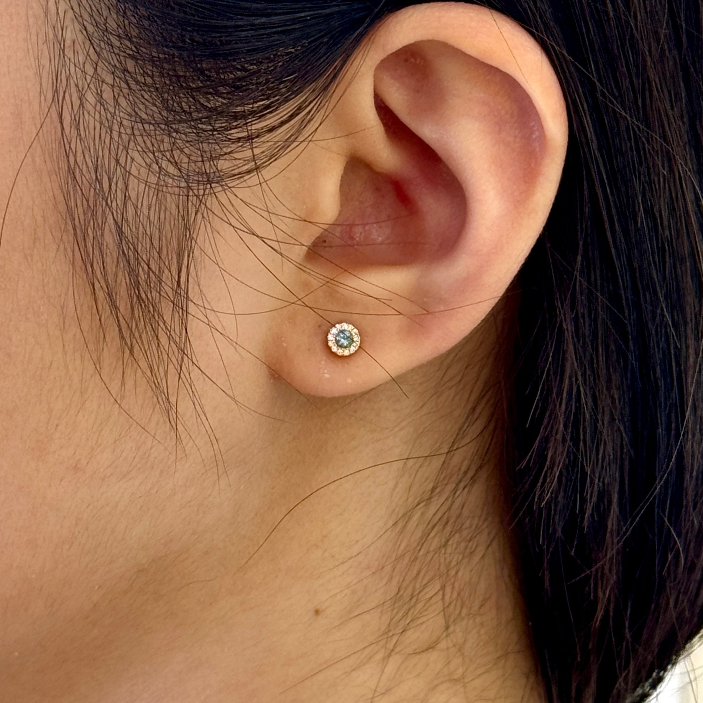 Aquamarine Diamond Frame Round Studs 14k