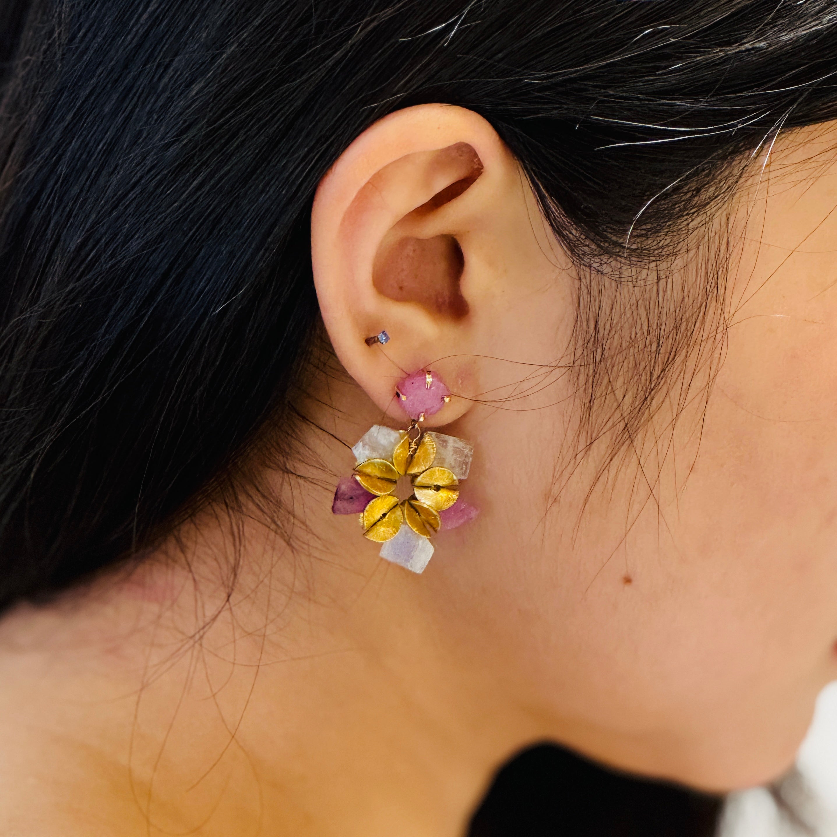 Pinkalicious Slice Sapphires Moonstone Floral Studs Earrings