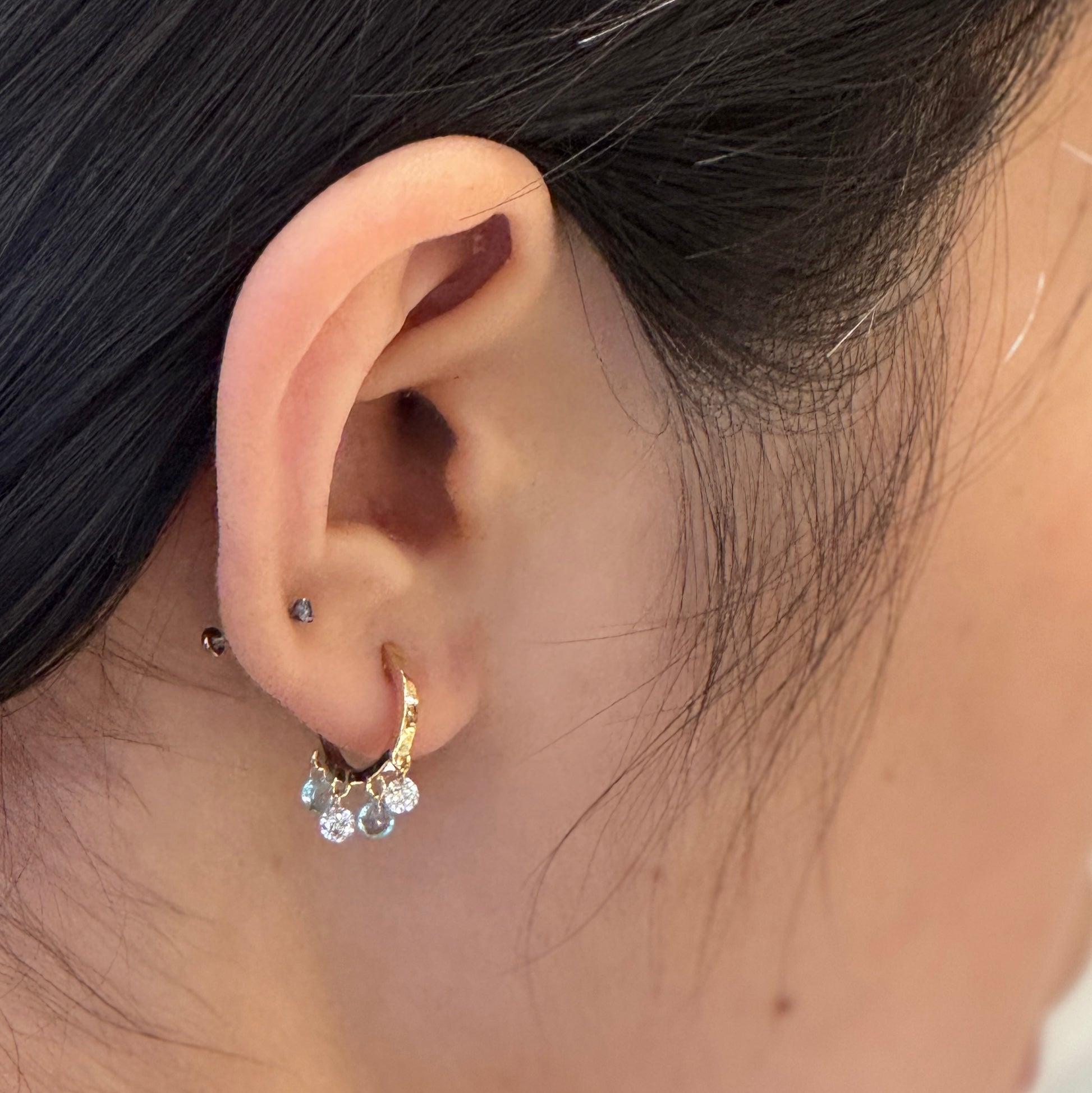 Lab Diamond Blue Topaz Dangle Hoops 14k