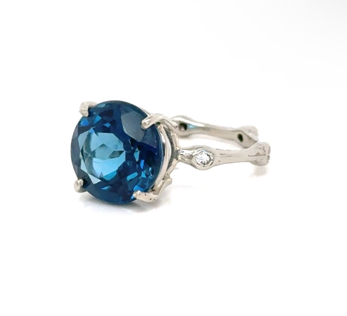 Blue Topaz Bamboo Diamond Ring in 14k White Gold