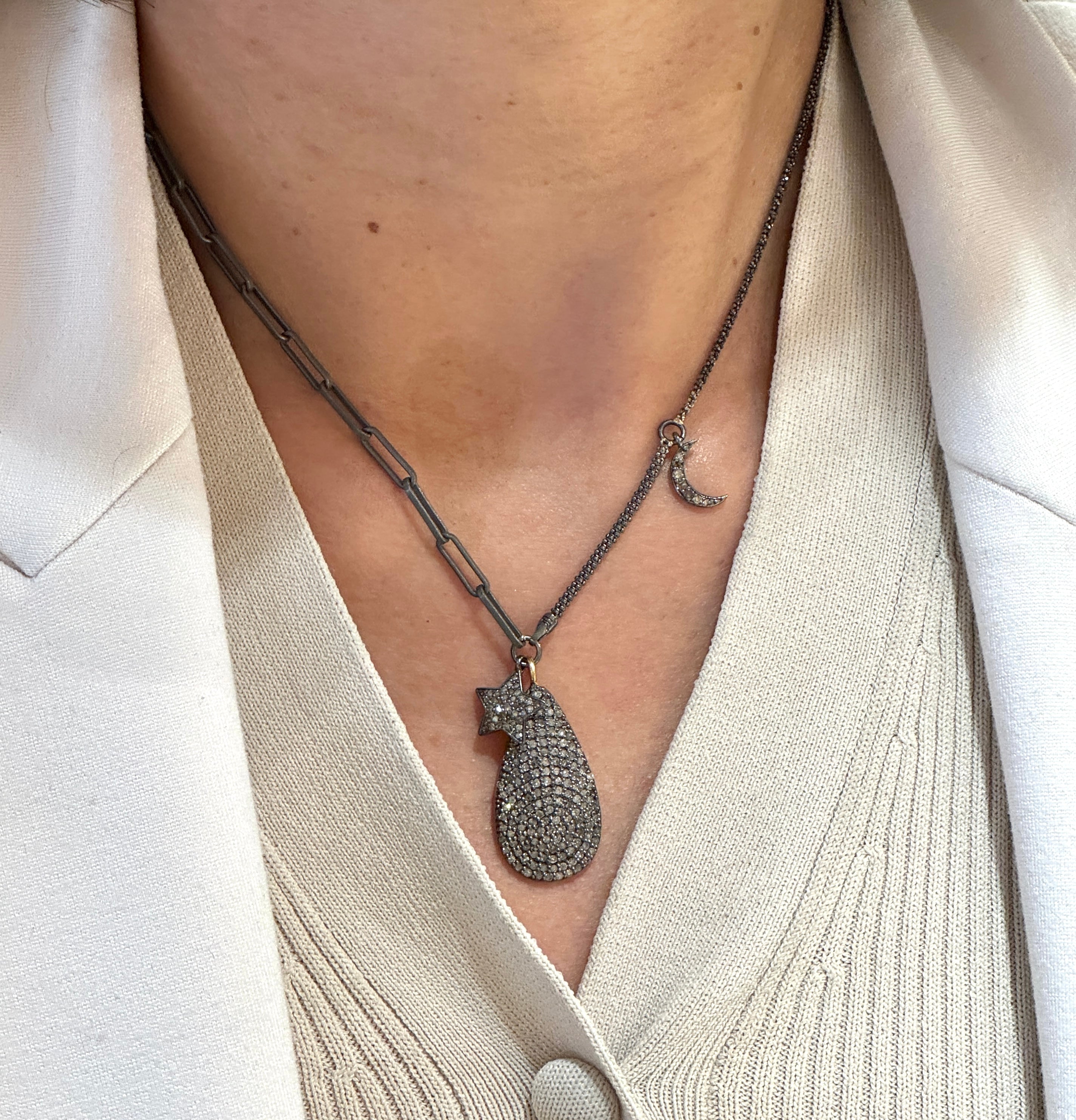 Star Moon Gande Teardrop Diamond Pendant Silver Necklace