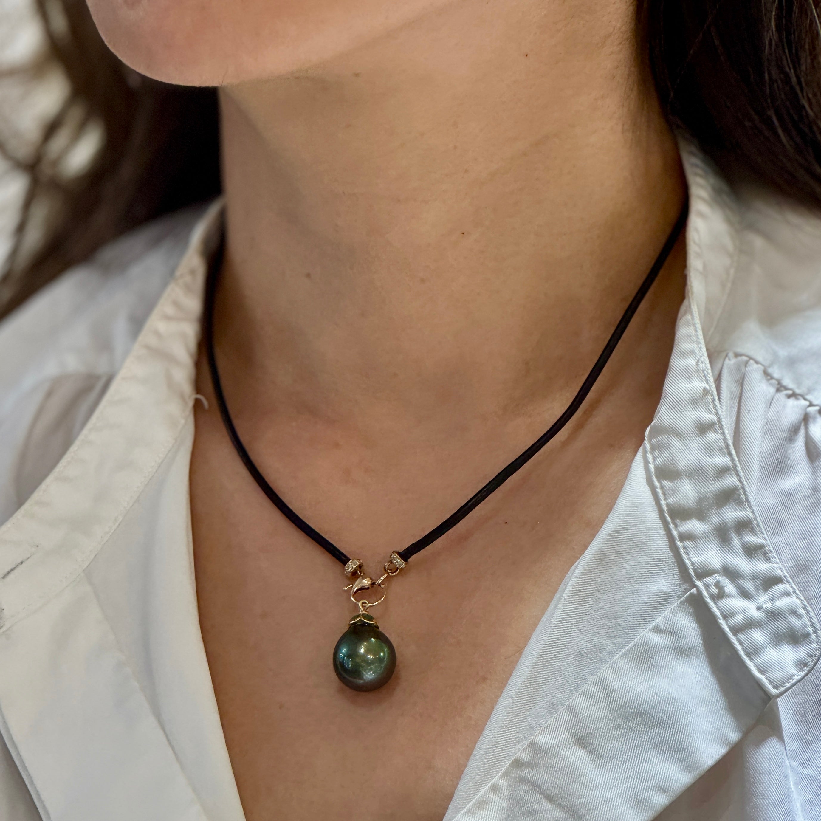 Tahitian Pearl Pendant Leather Necklace In 14K