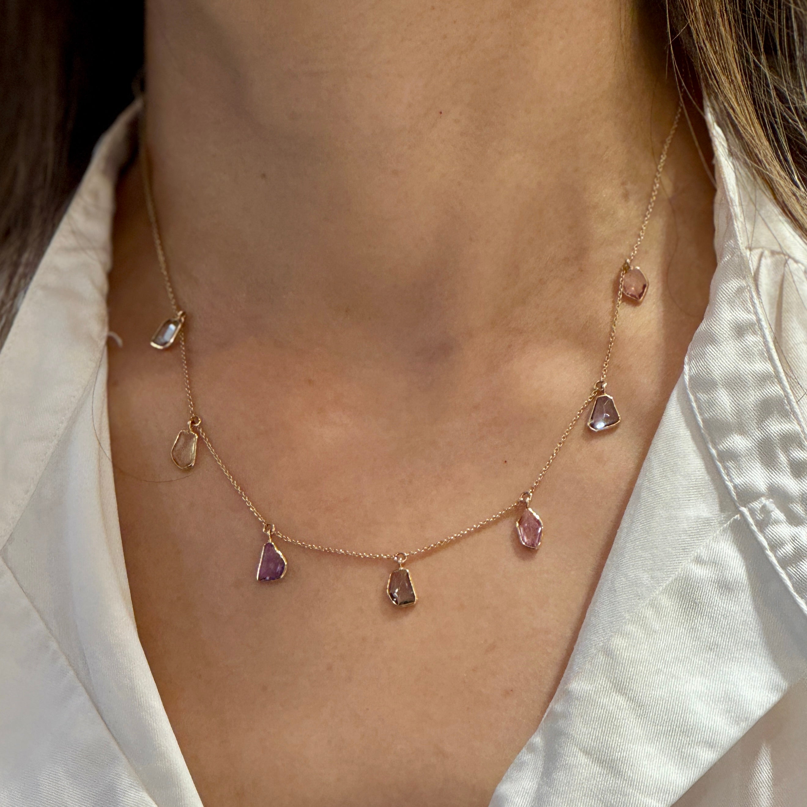 Mandy Multi-Color Geometric Sapphire Dangle Necklace In 14k