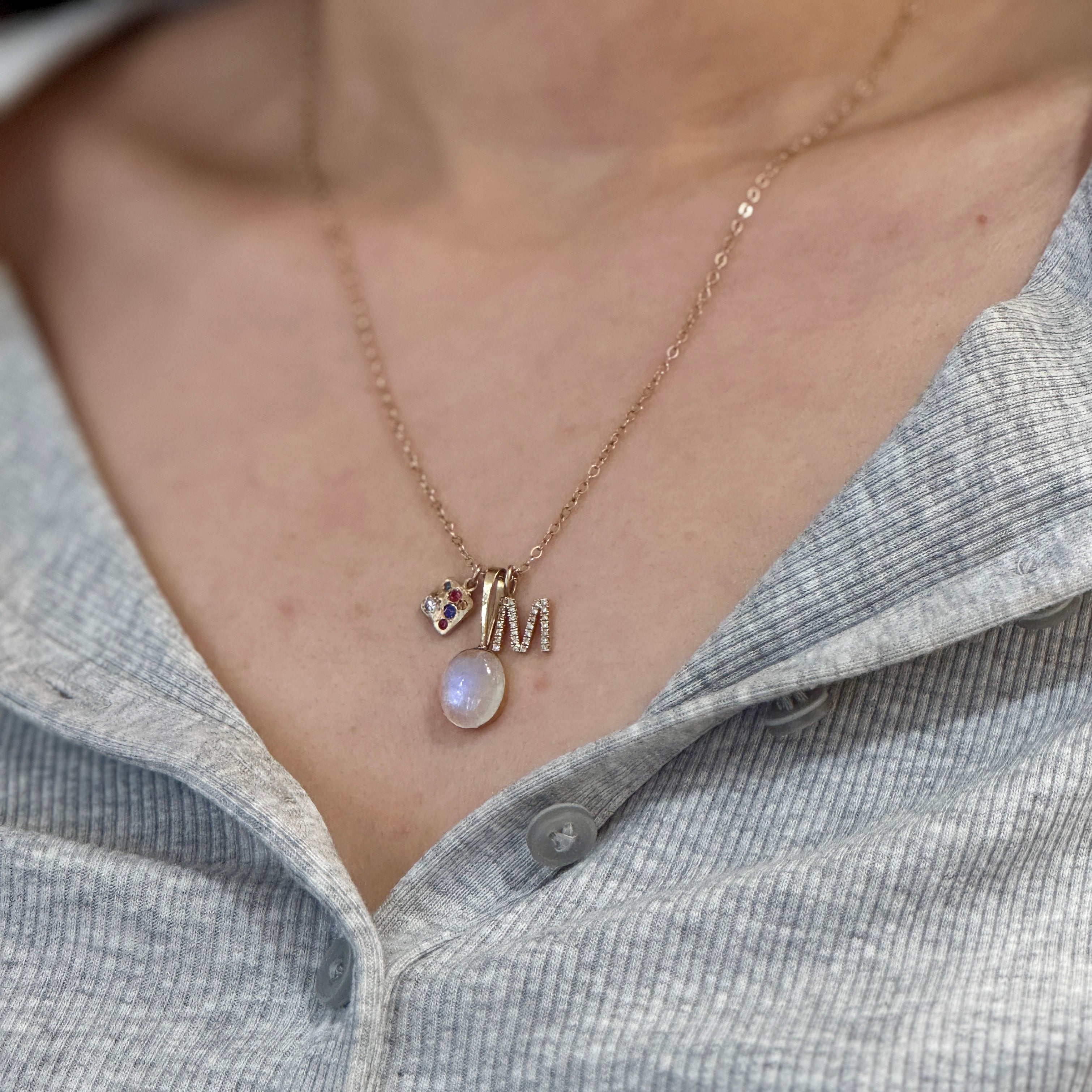 Trio Initial Moonstone Charms Necklace In 14K