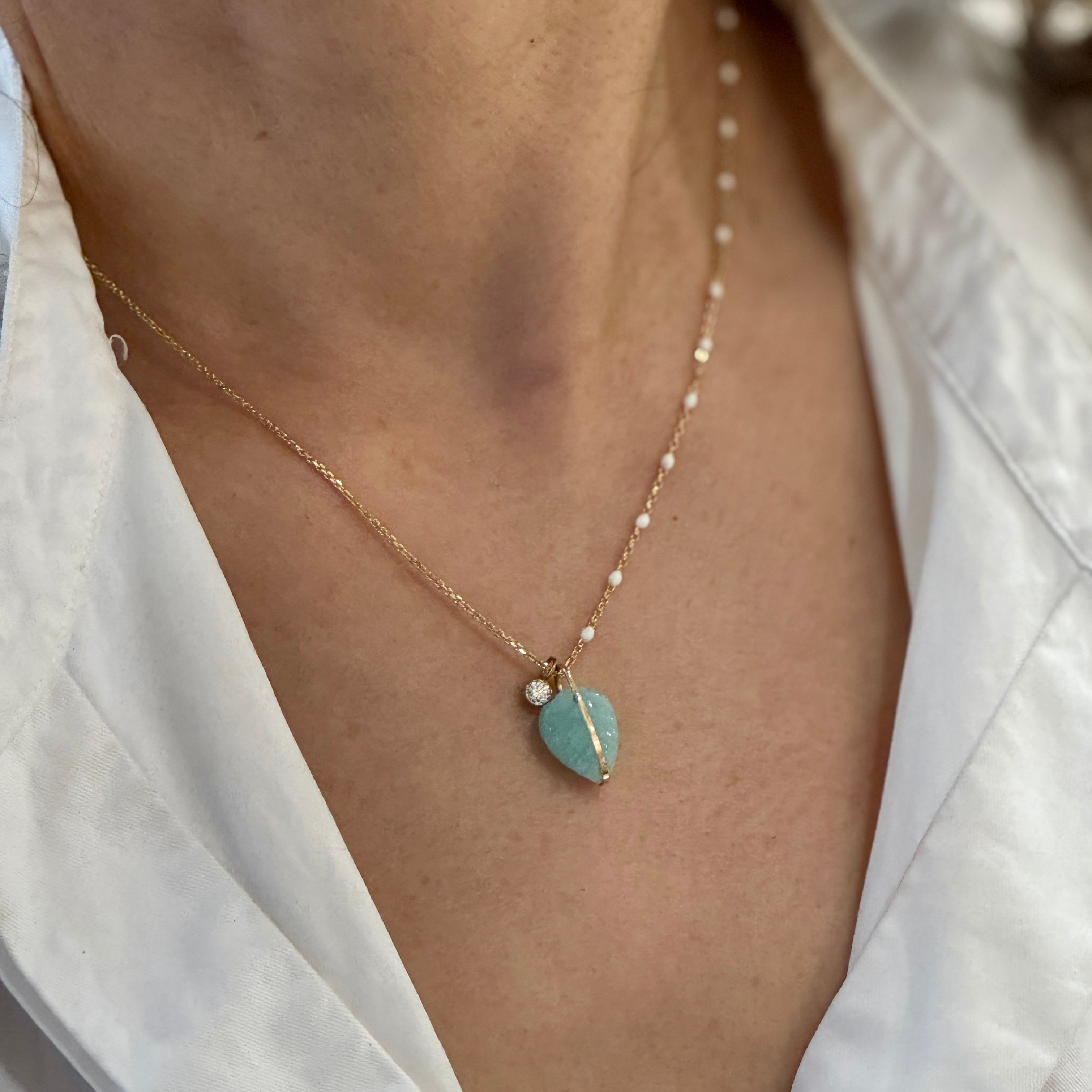 Leafy Aquamarine  Pendant Dangly Diamond Necklace In 14K