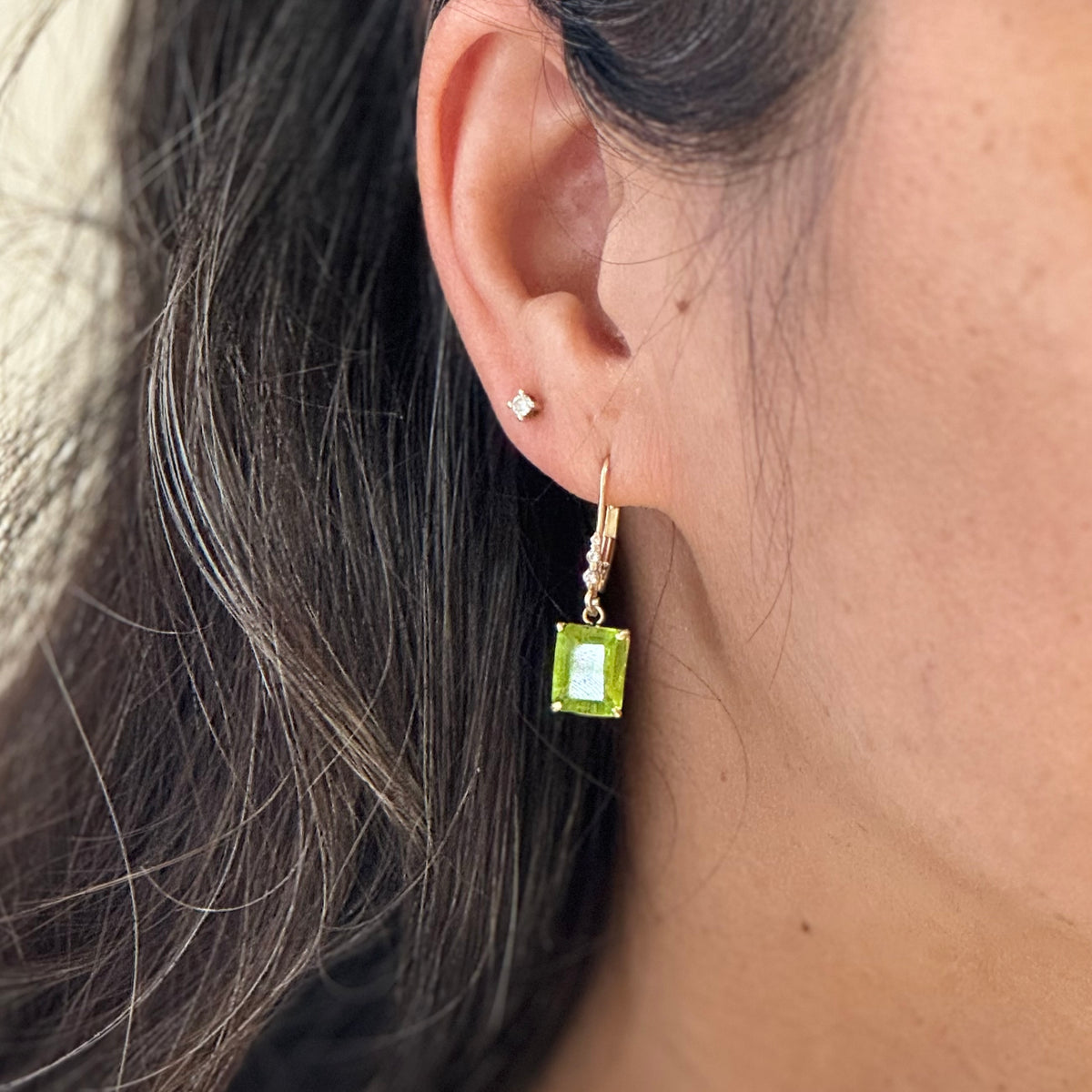 Rectangle Peridot Drop Diamond Lever Back Earrings 14K