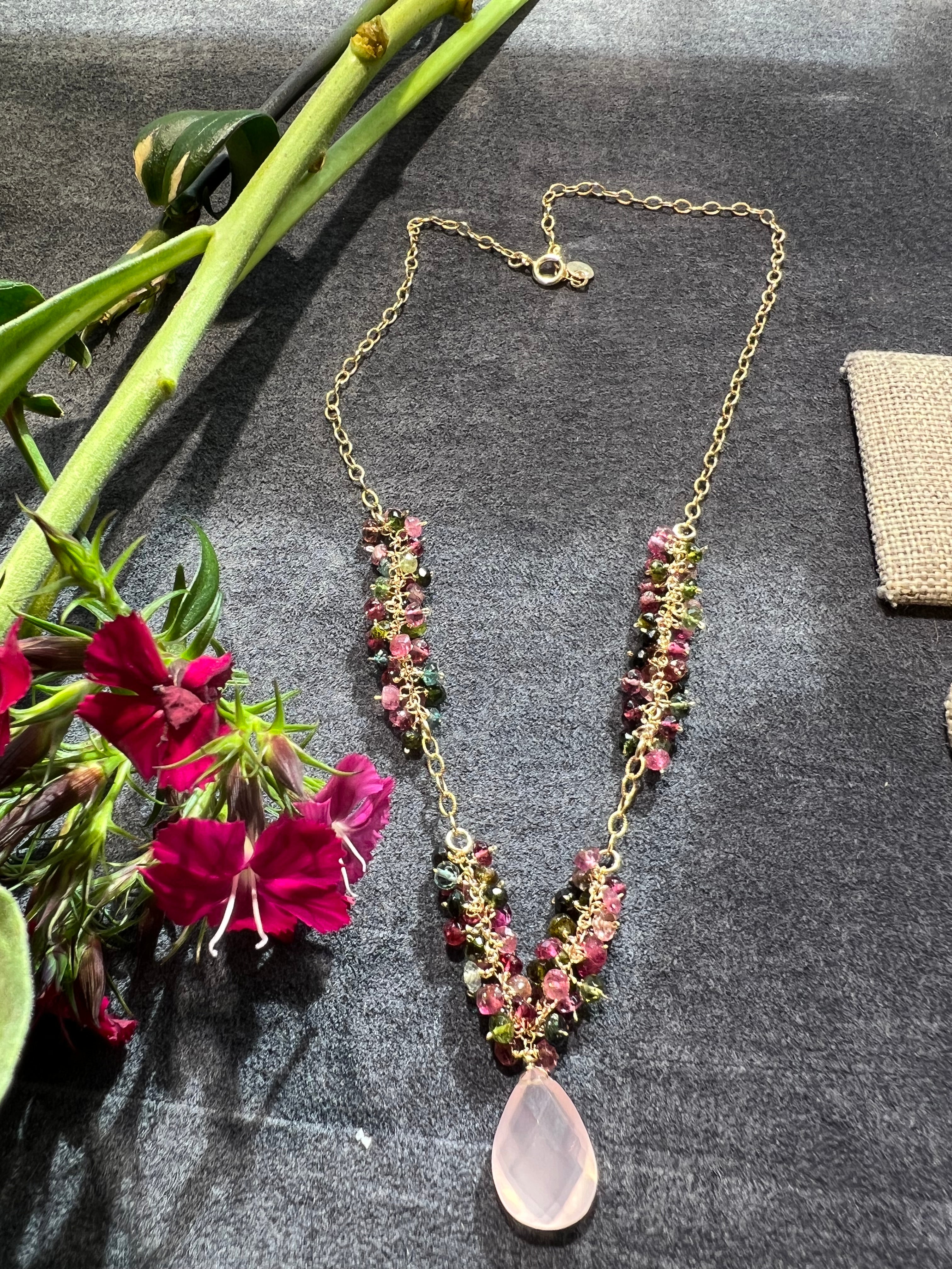 Tourmaline Cluster Necklace With Pink Quartz Drop