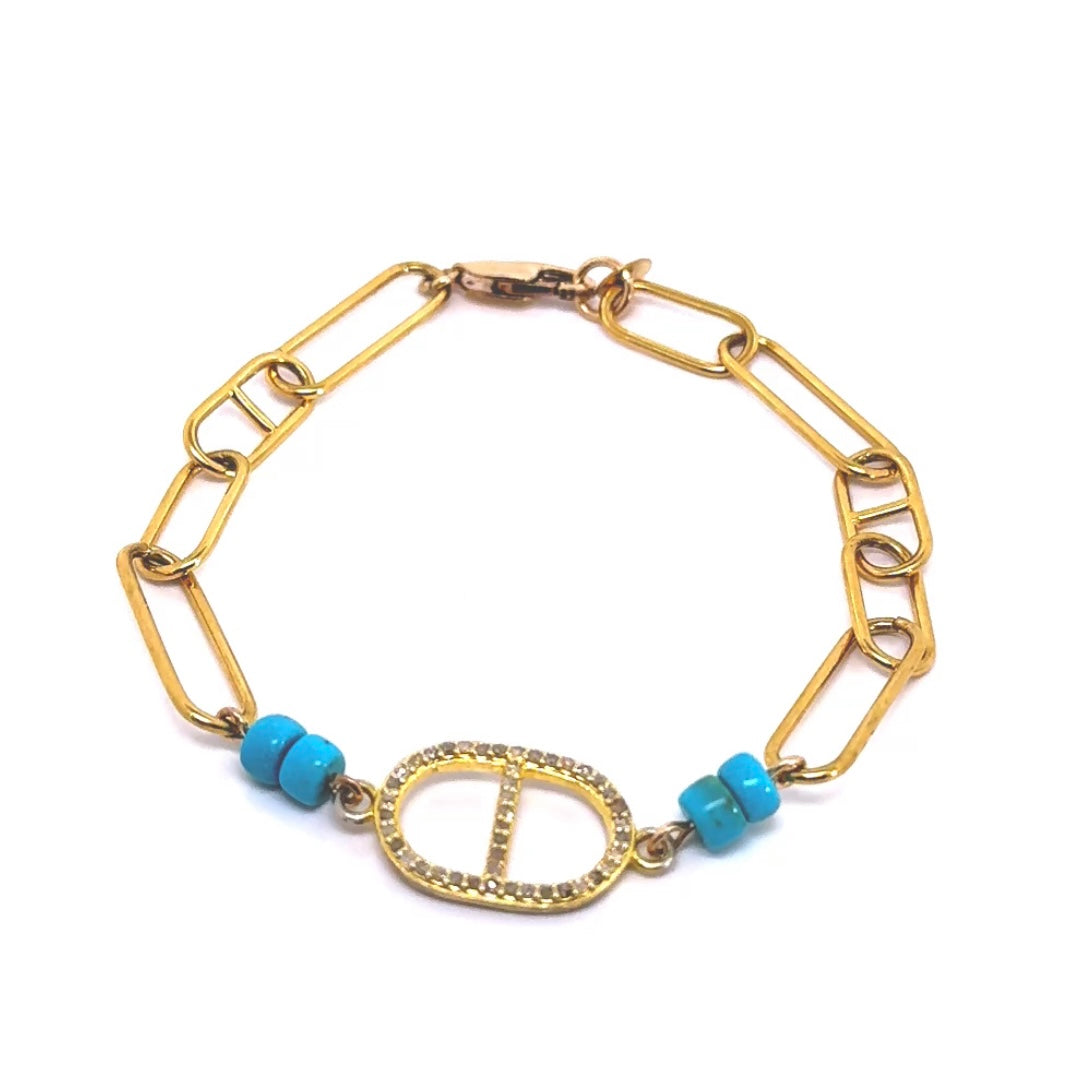 Pave Diamond Charm Turquoise Beads Bracelet