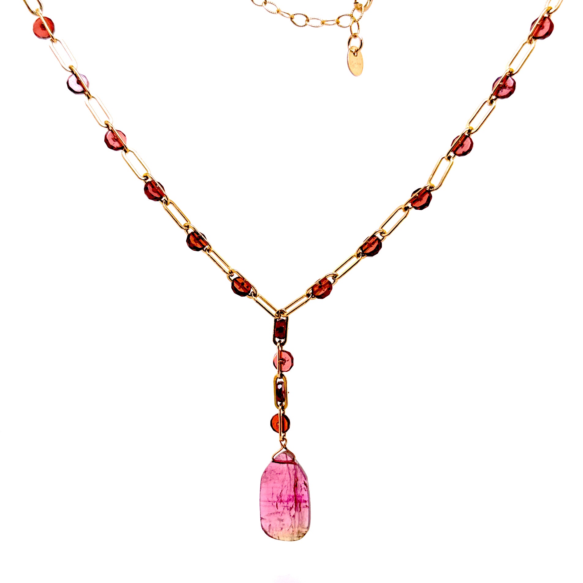 Garnet Wired Slice Pink Tourmaline Drop Lariat Necklace