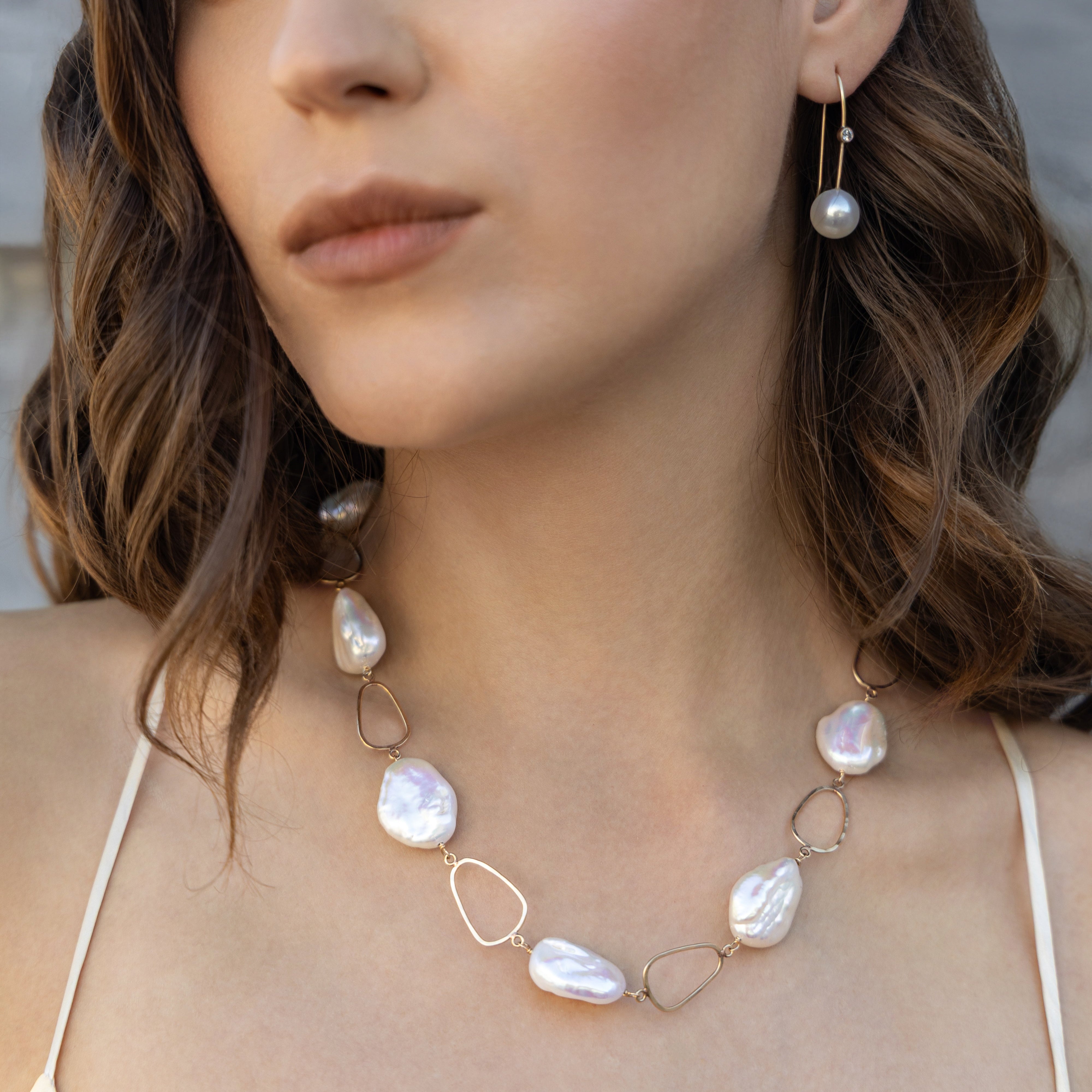 Flat Baroque Pearl Oval Gold Link Necklace