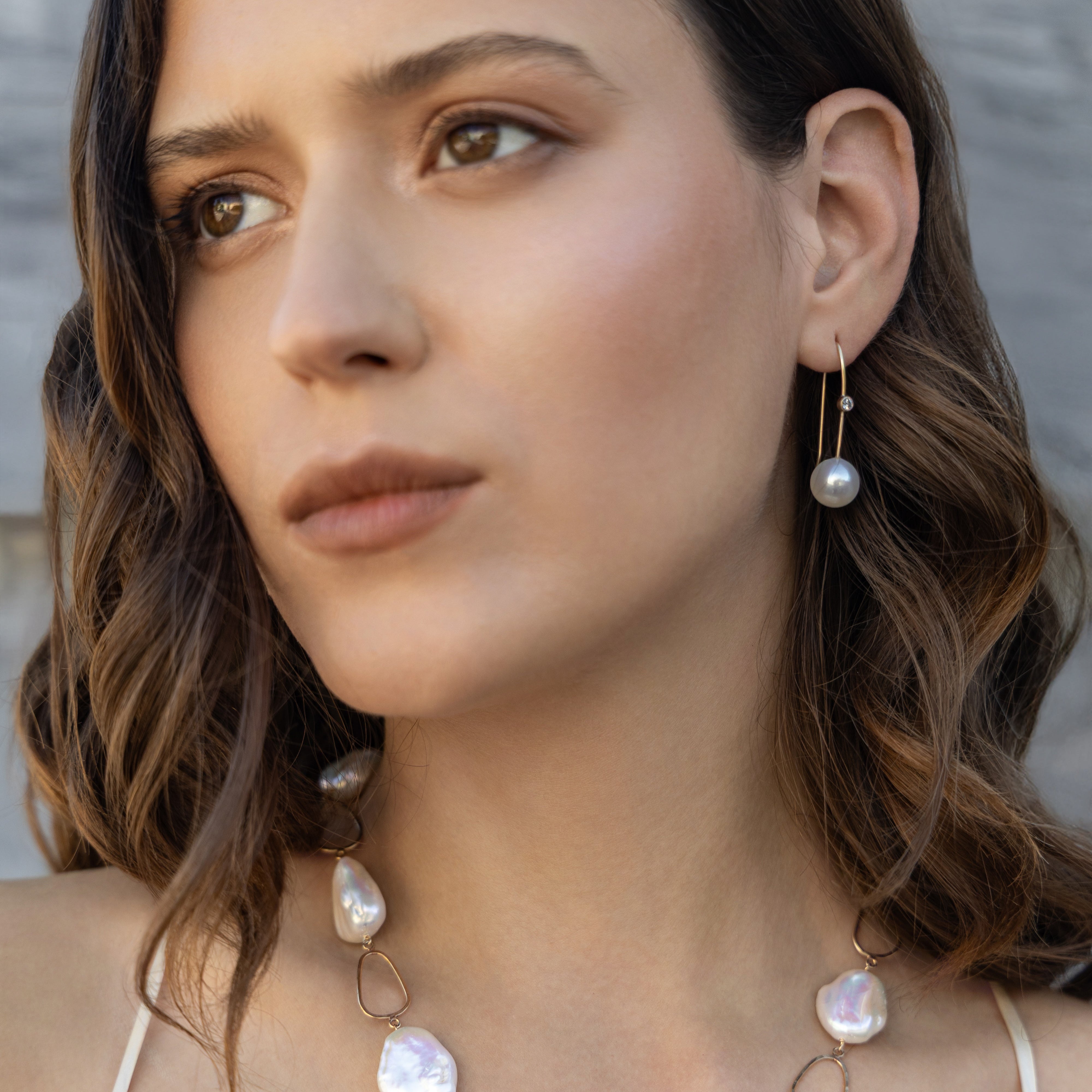 Long Pearl Diamond Earrings In 14K