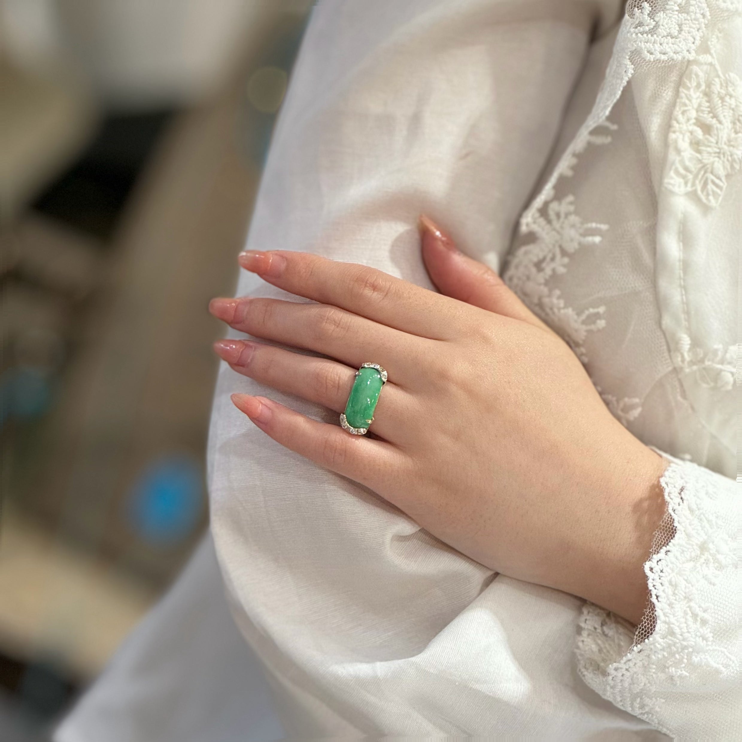 Jade Pave Diamond Wide Ring In 14K
