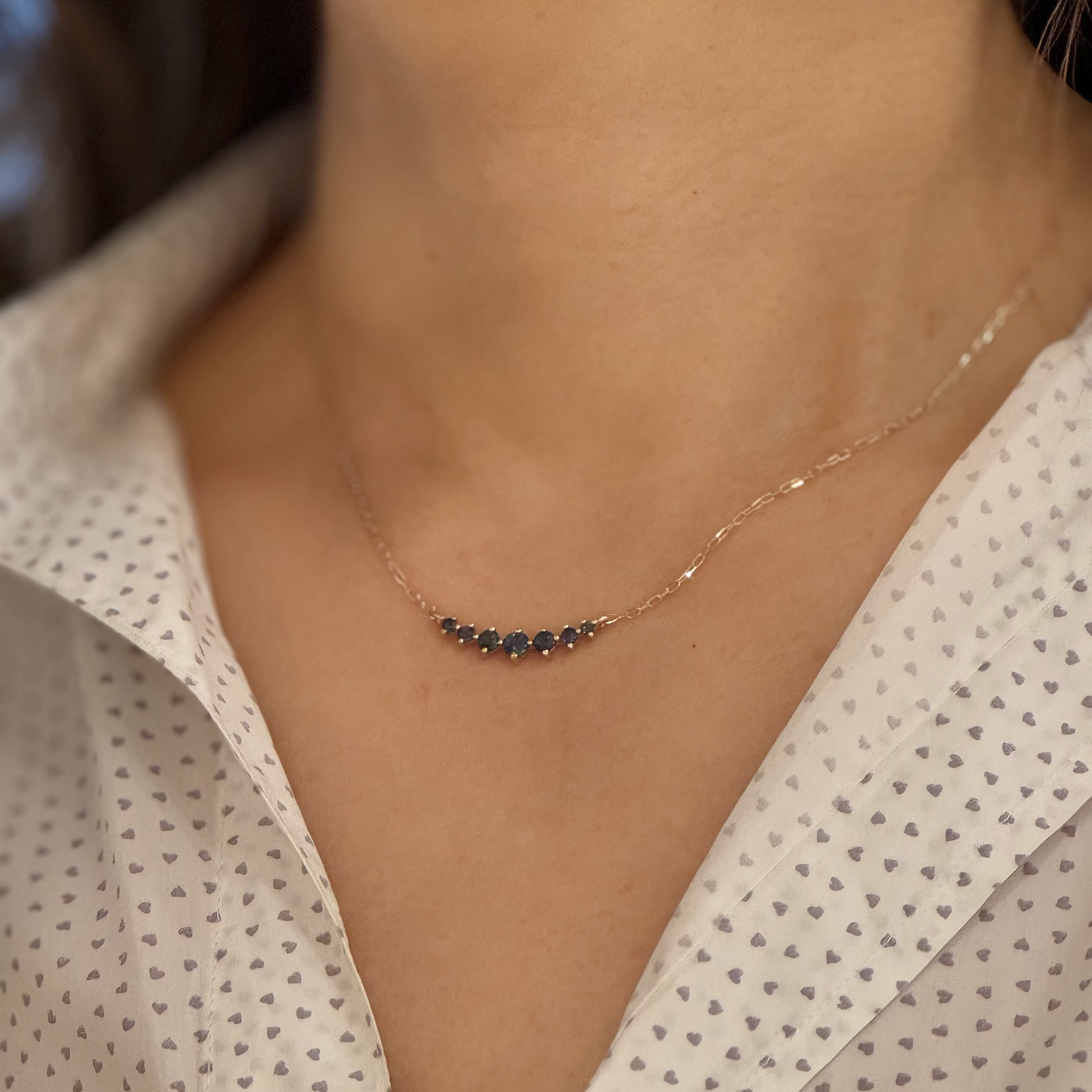 Sapphire Cluster Bar Necklace 14k