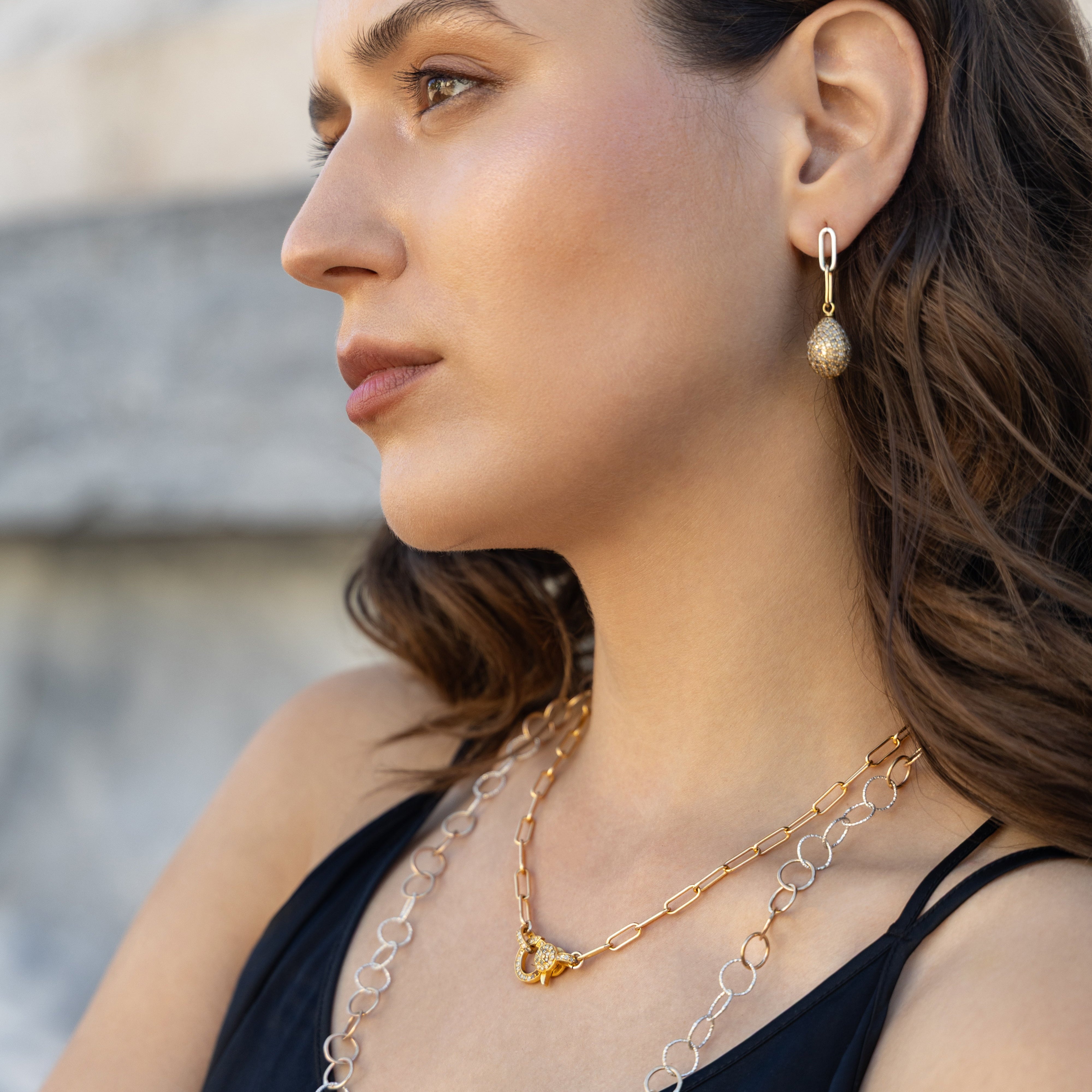 Pave Diamond Ball Link Silver Earrings