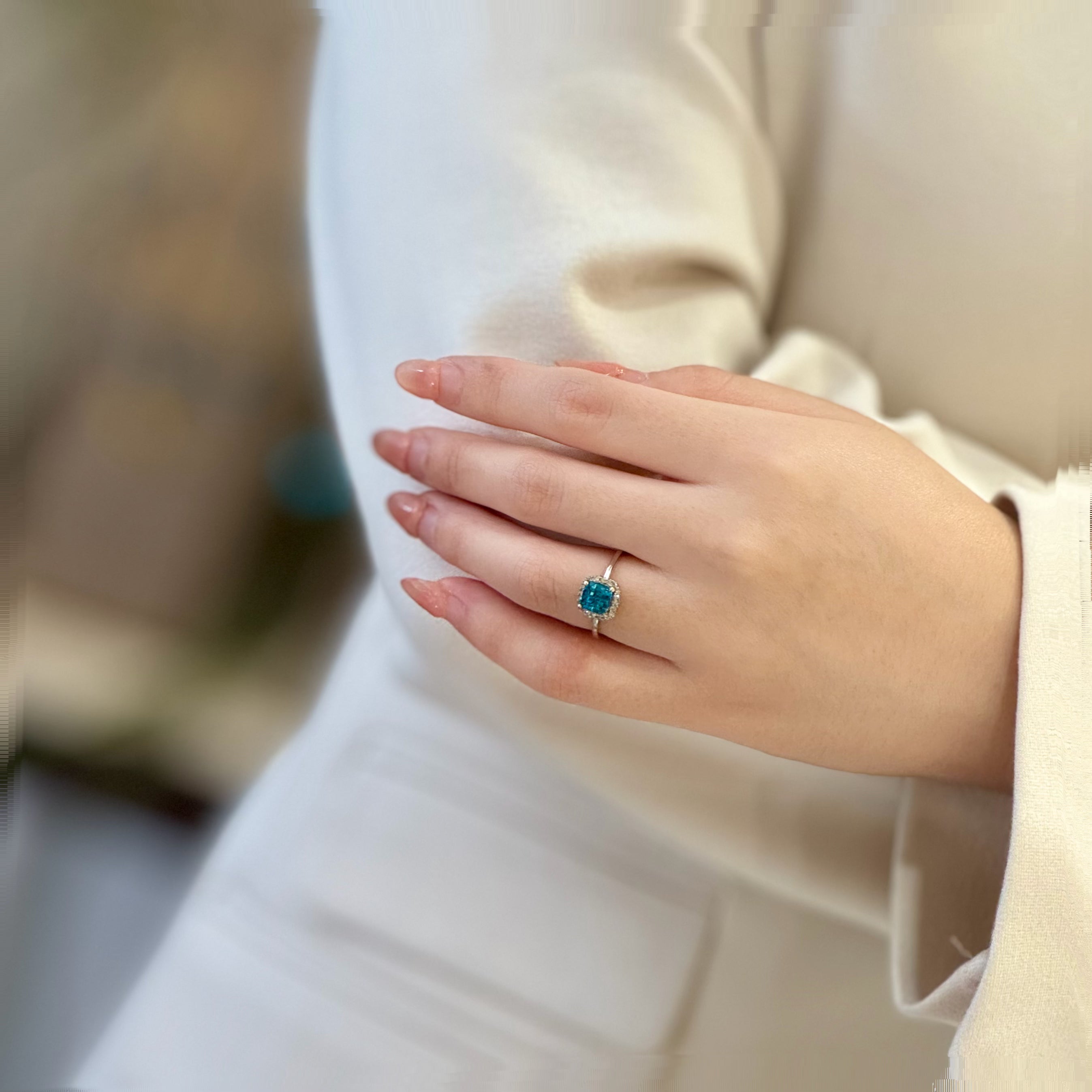 Blue Zircon Diamond Ring In 14K White Gold
