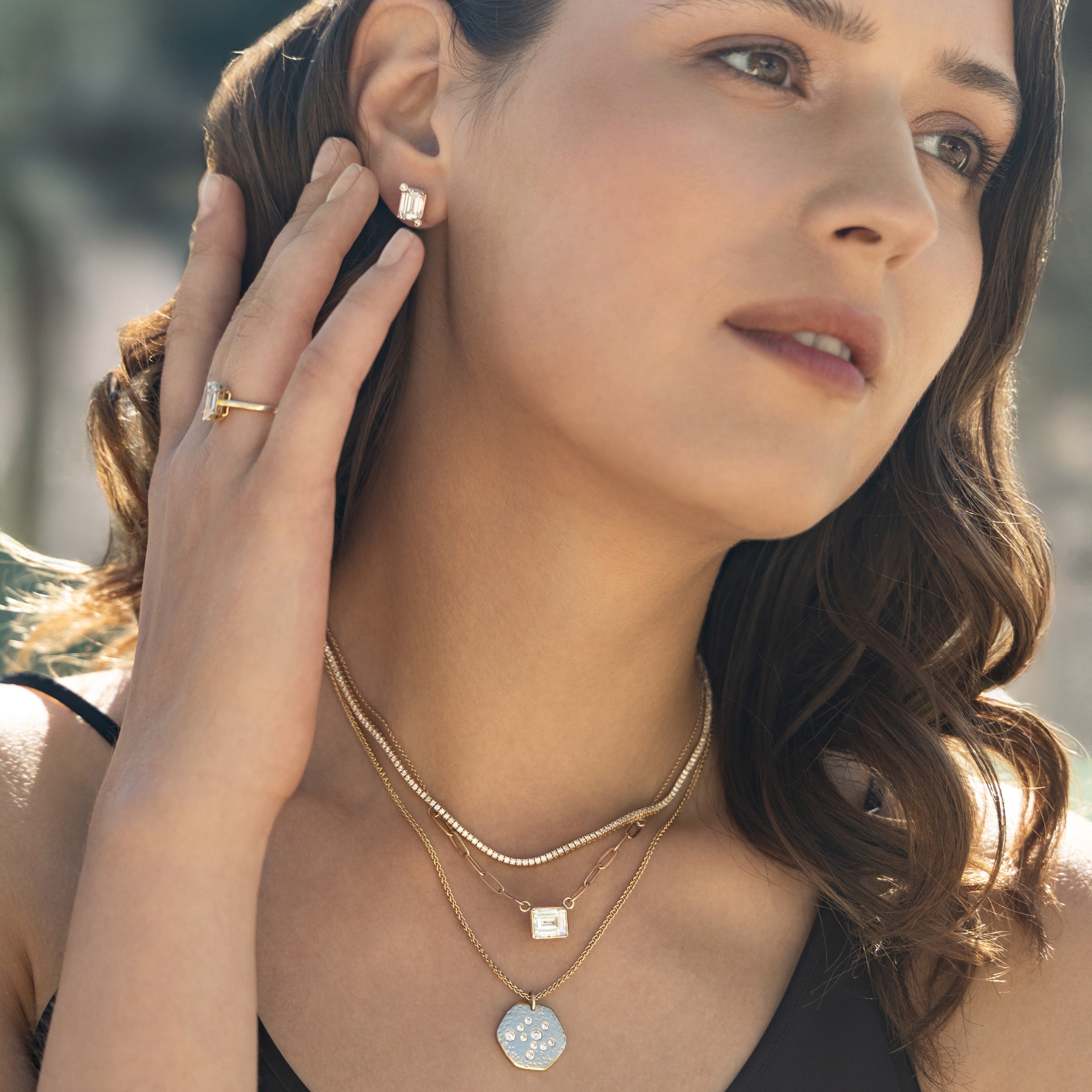 Rectangle Moissanite Gold Necklace 14k