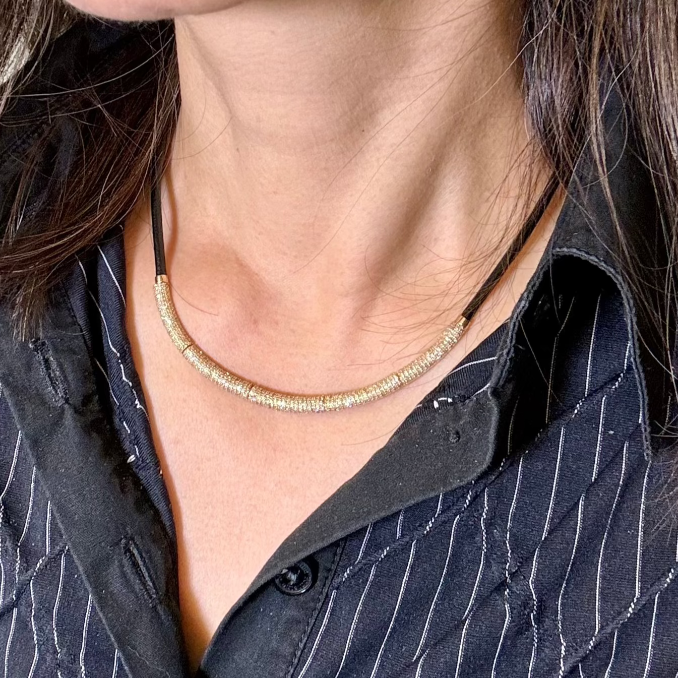 Diamond Gold Tube Leather Necklace In 14k