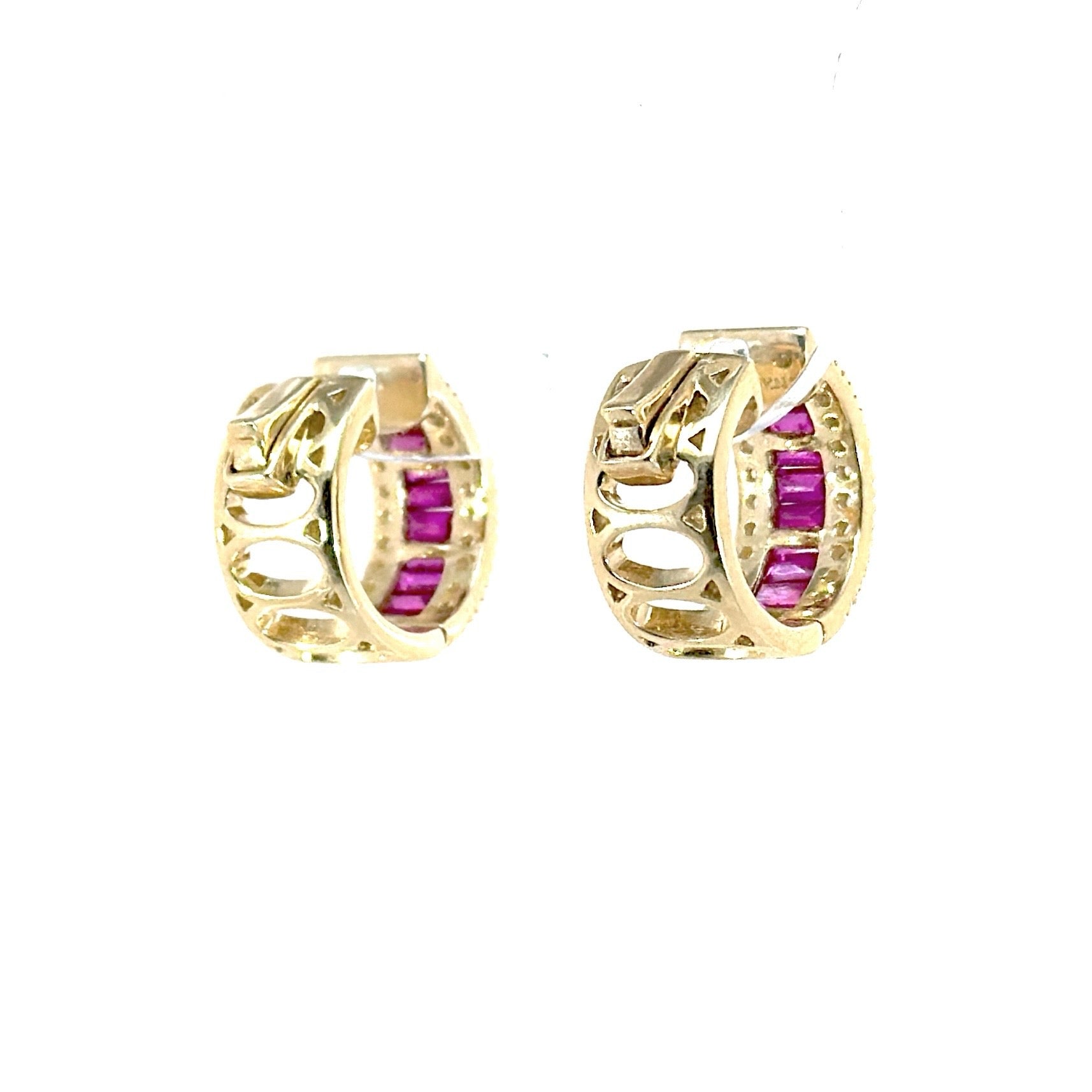 Baguette Ruby & Diamond Edge Hoop Earrings 14k