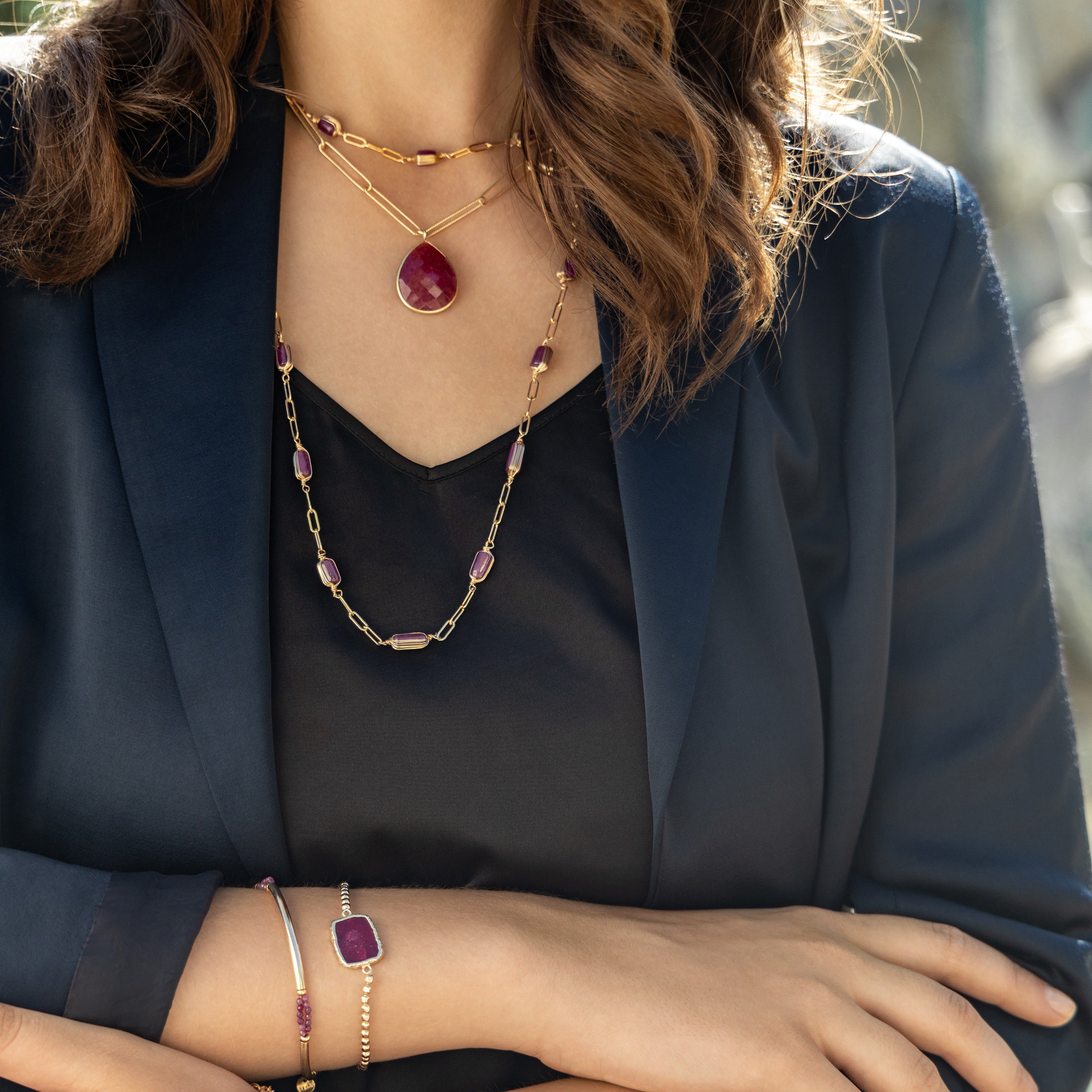 Emma Gem Wired Paperclip Necklace-Ruby