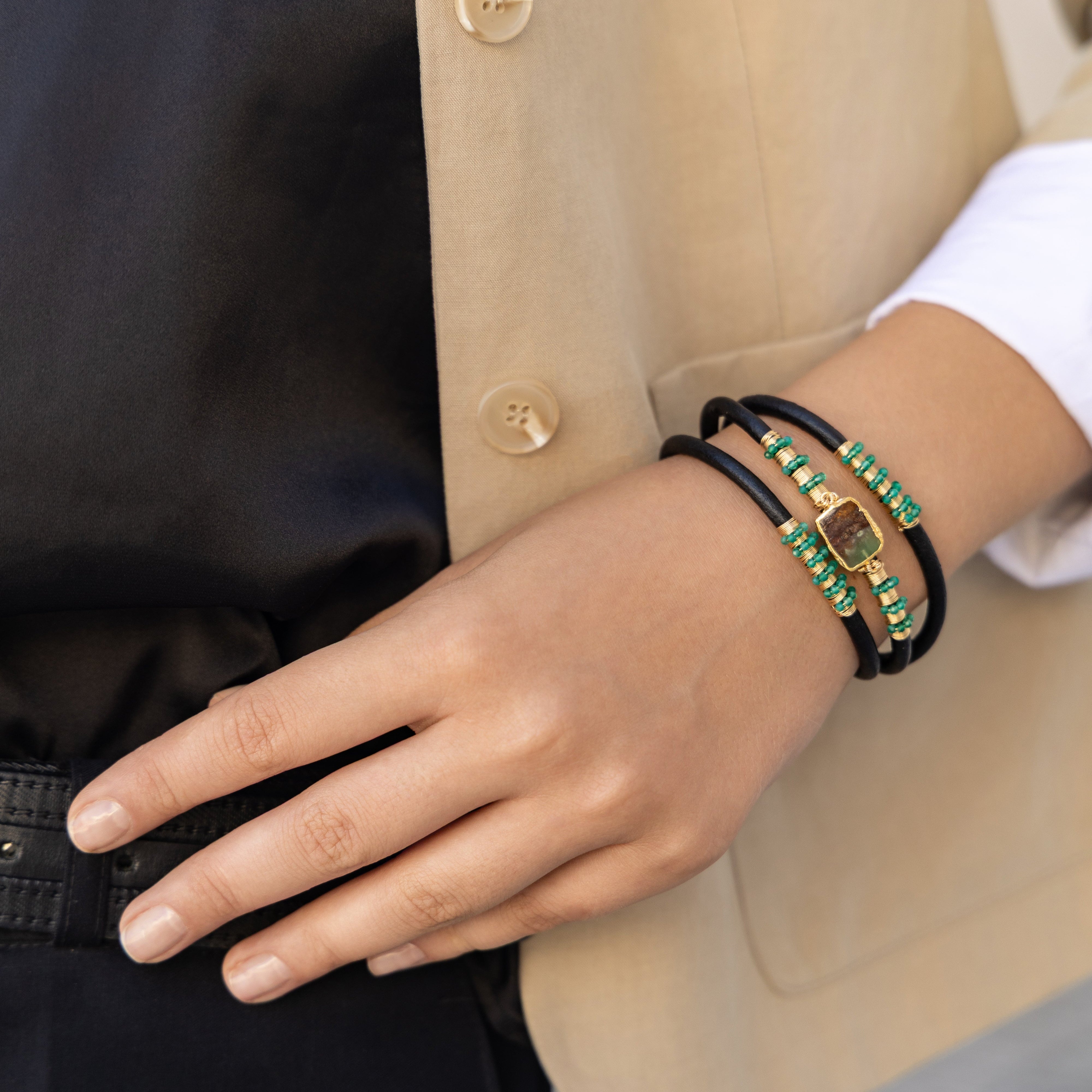 Chrysoprase Triple Black Leather Bracelet