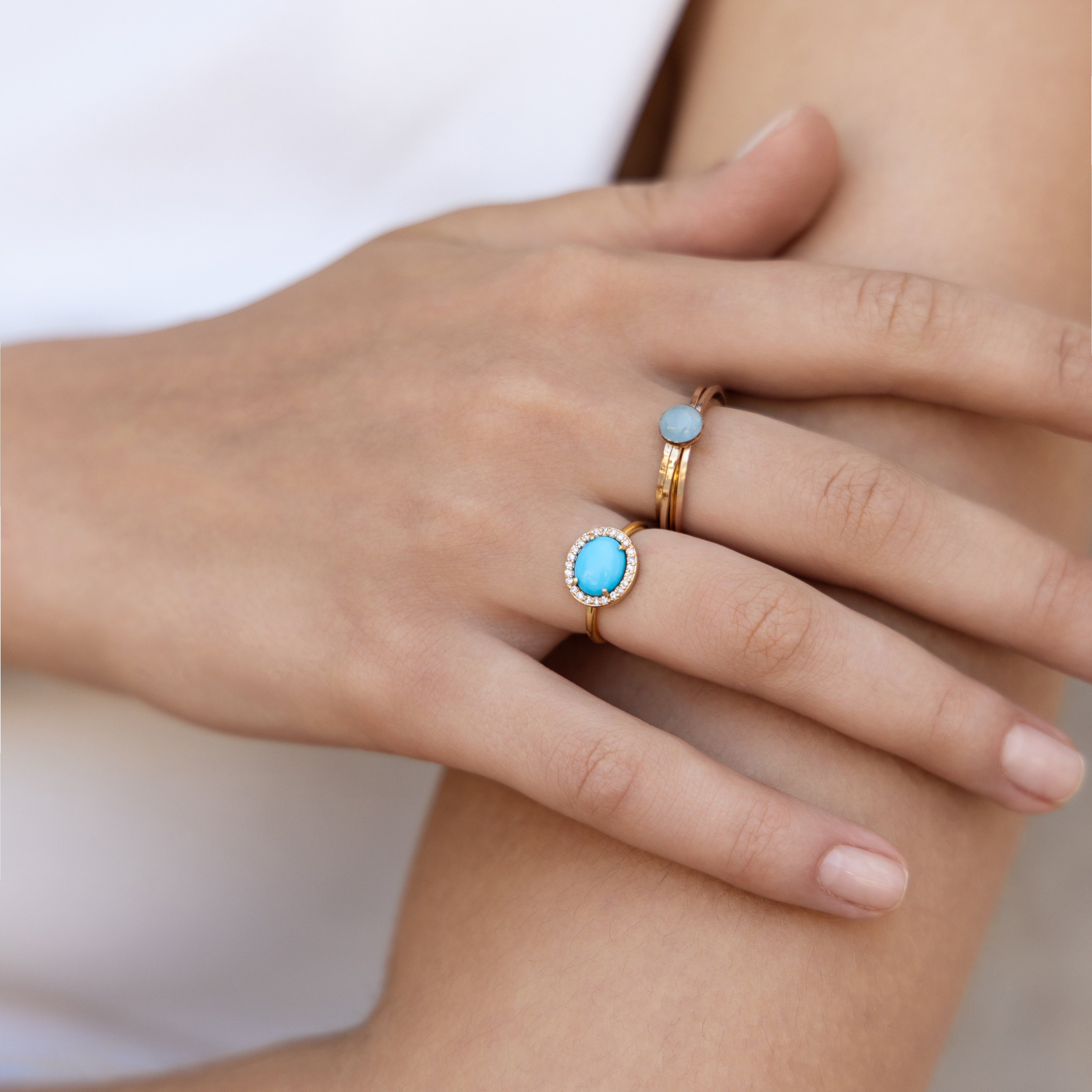 Turquoise Diamond Halo Gold Ring  In 14k