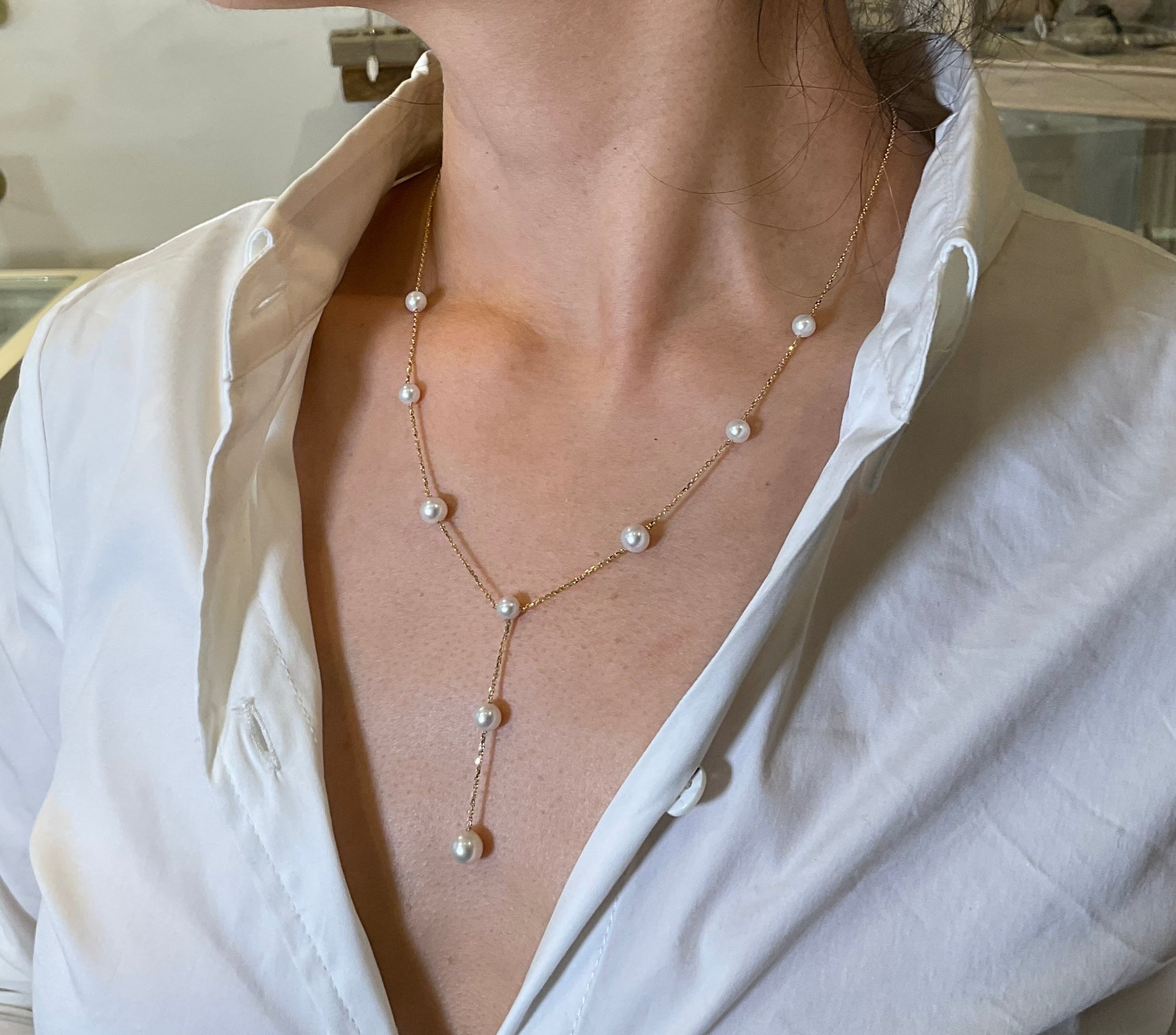Cindy Pearl Section Lariat Necklace 14k