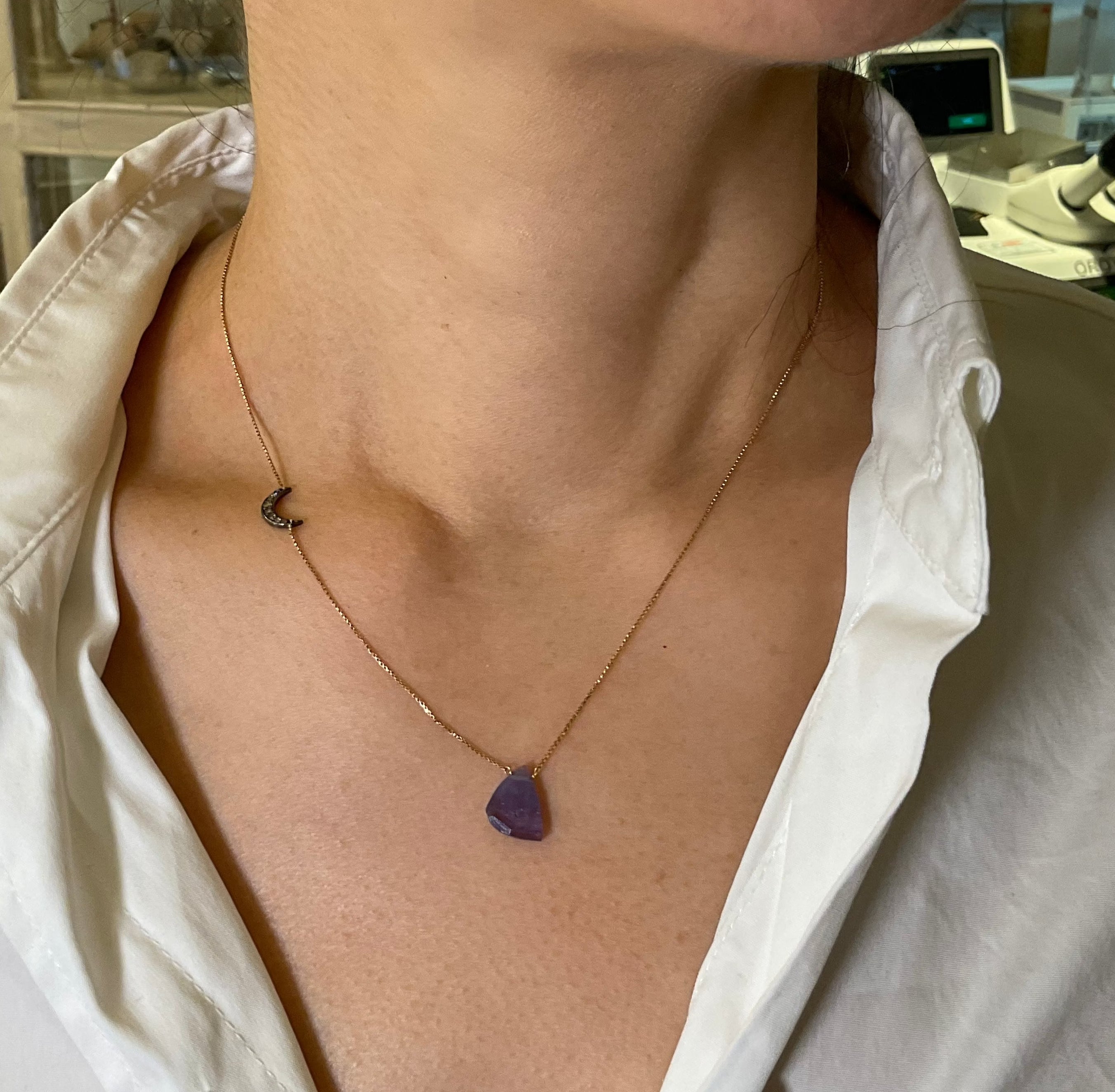 Pave Crescent Gem Charm Necklace