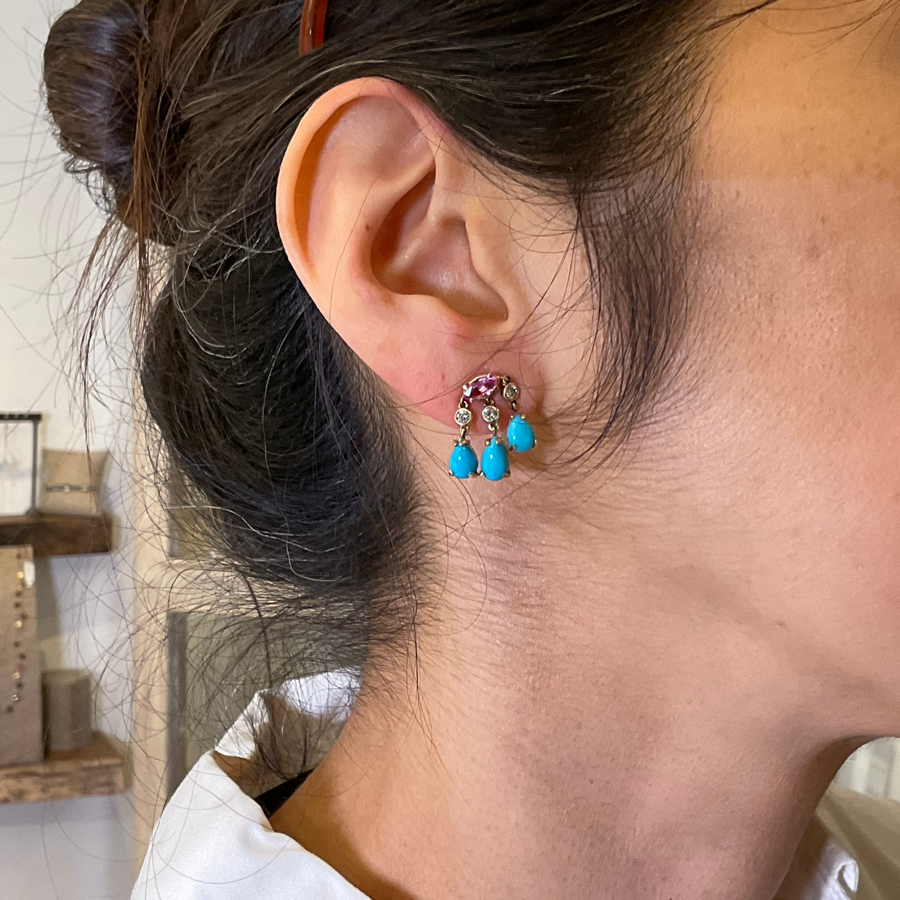 Turquoise Trio Diamond Earrings in 14k