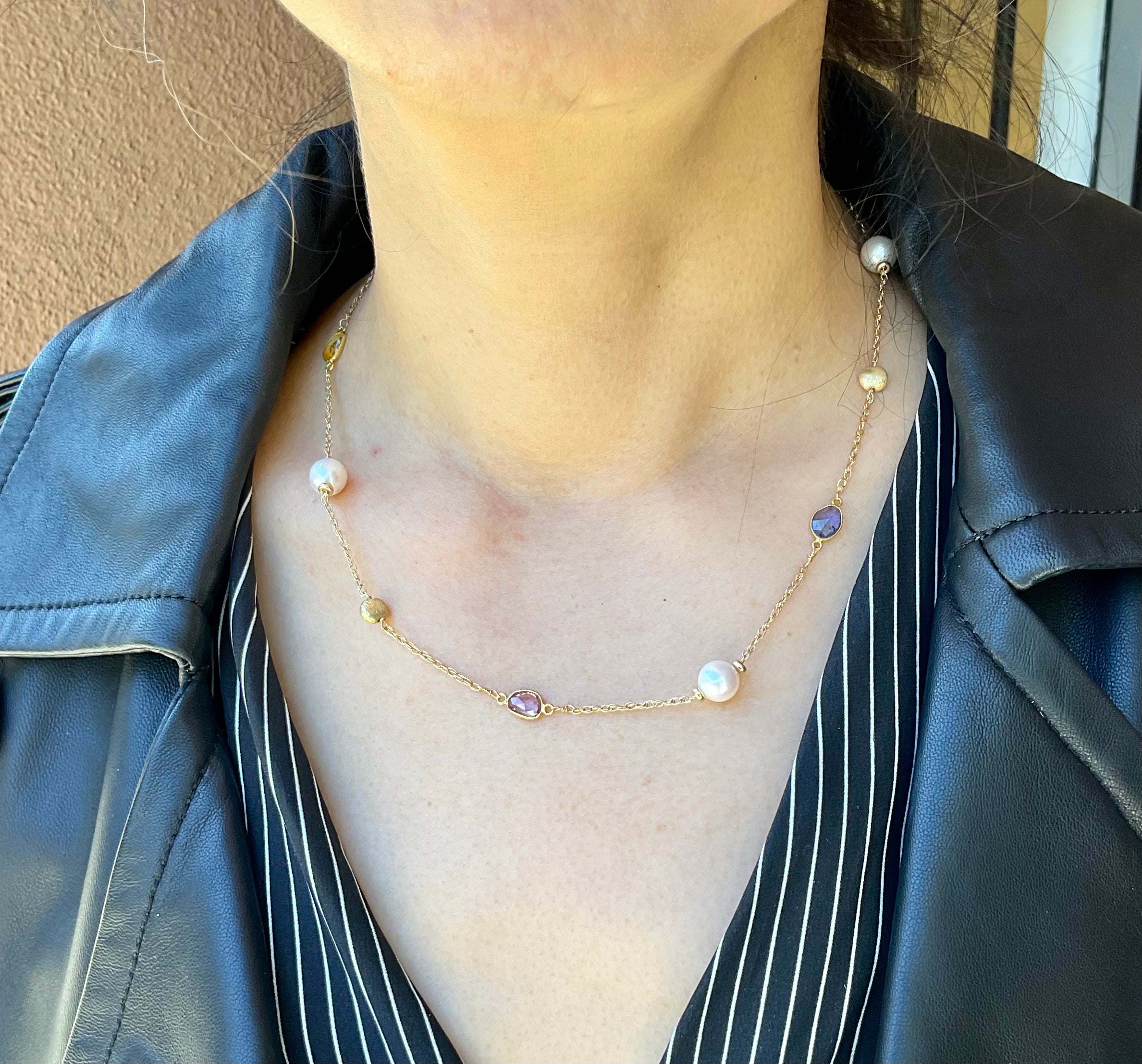 Multi-Colored Sapphire Pearl Section Necklace in 14k