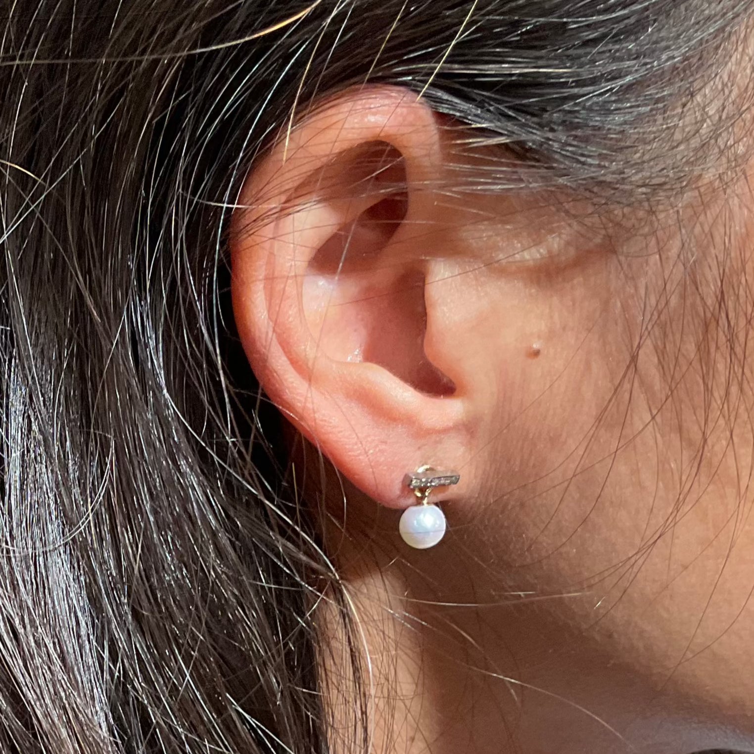 Pave Diamond Bar Earrings -Mini Pearl Drop