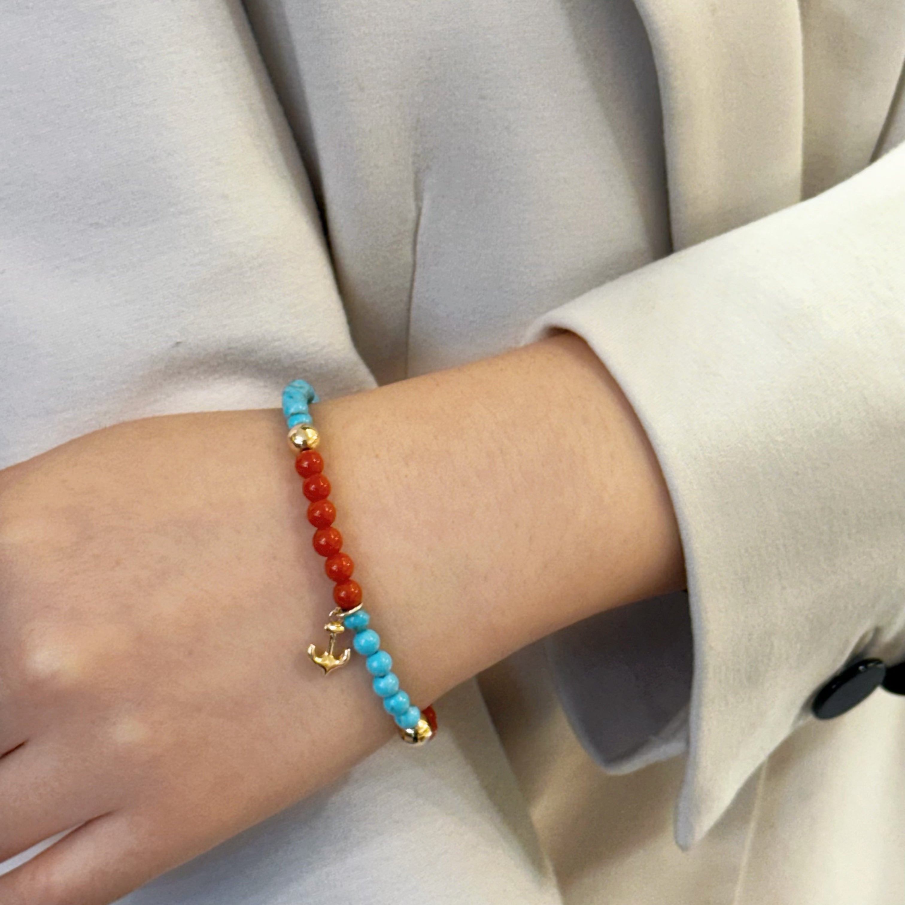 Coral Turquoise Stretchy Bracelet With Charm 14K
