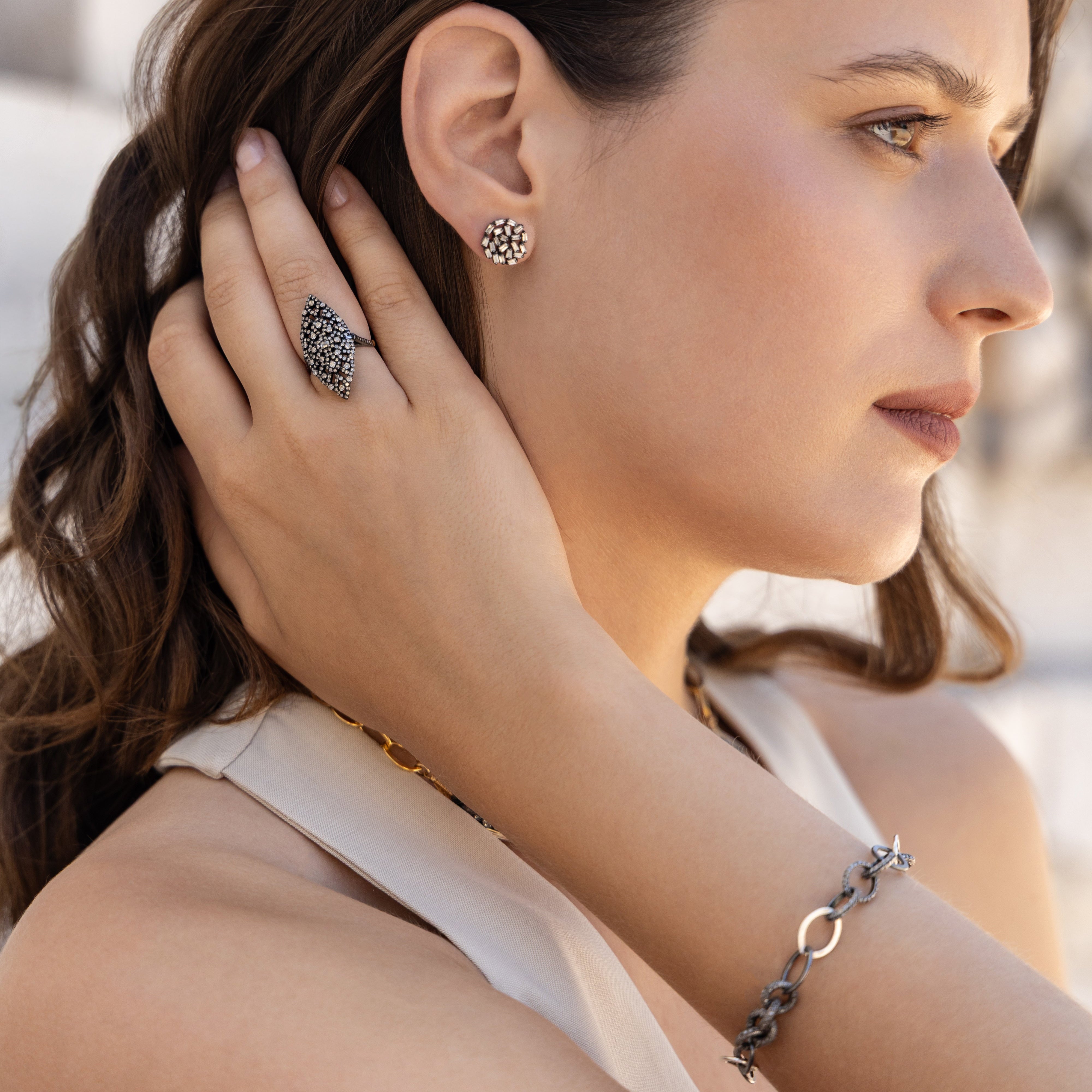 Baguette Diamond Circle Silver Studs II