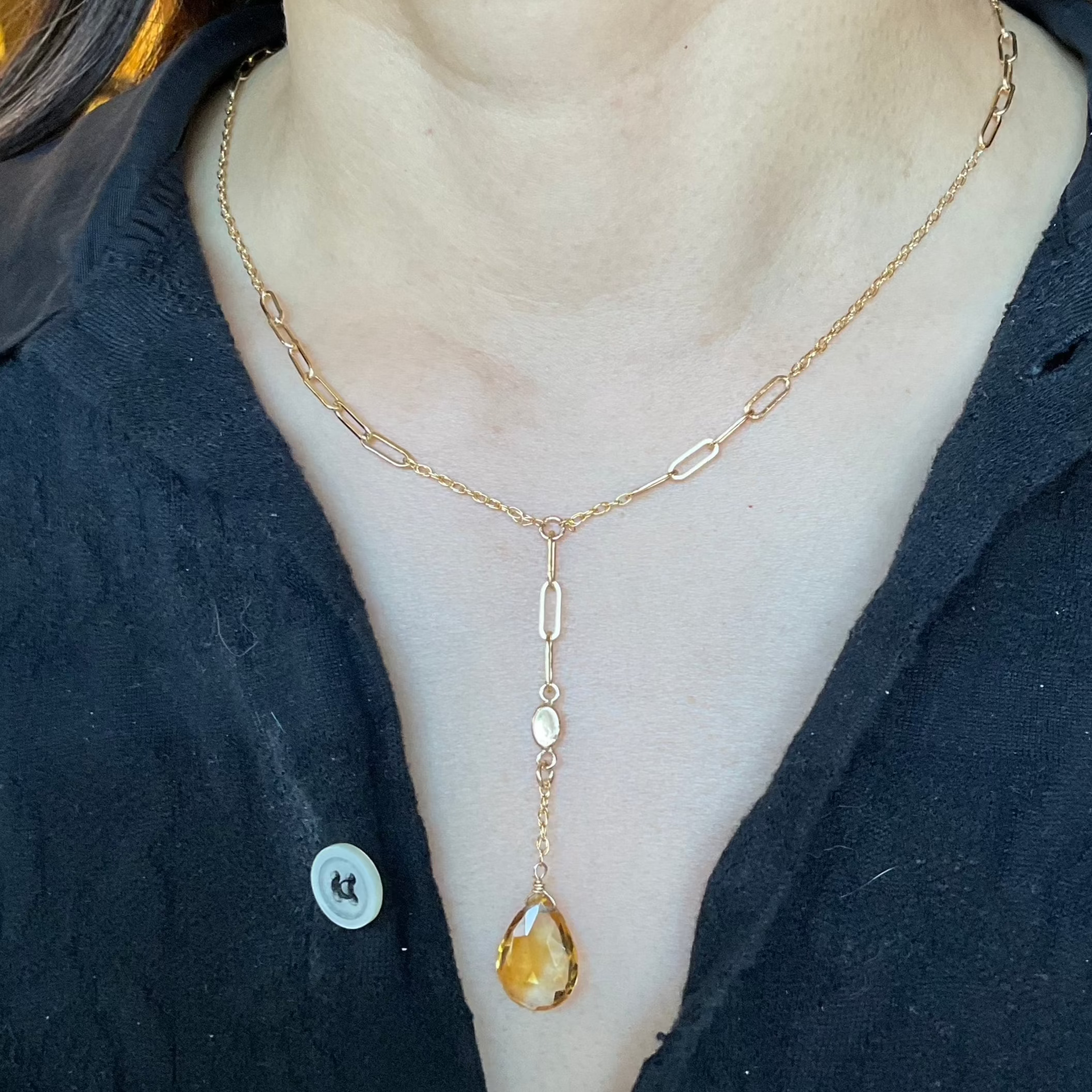 Citrine Drop Paperclip Lariat Necklace