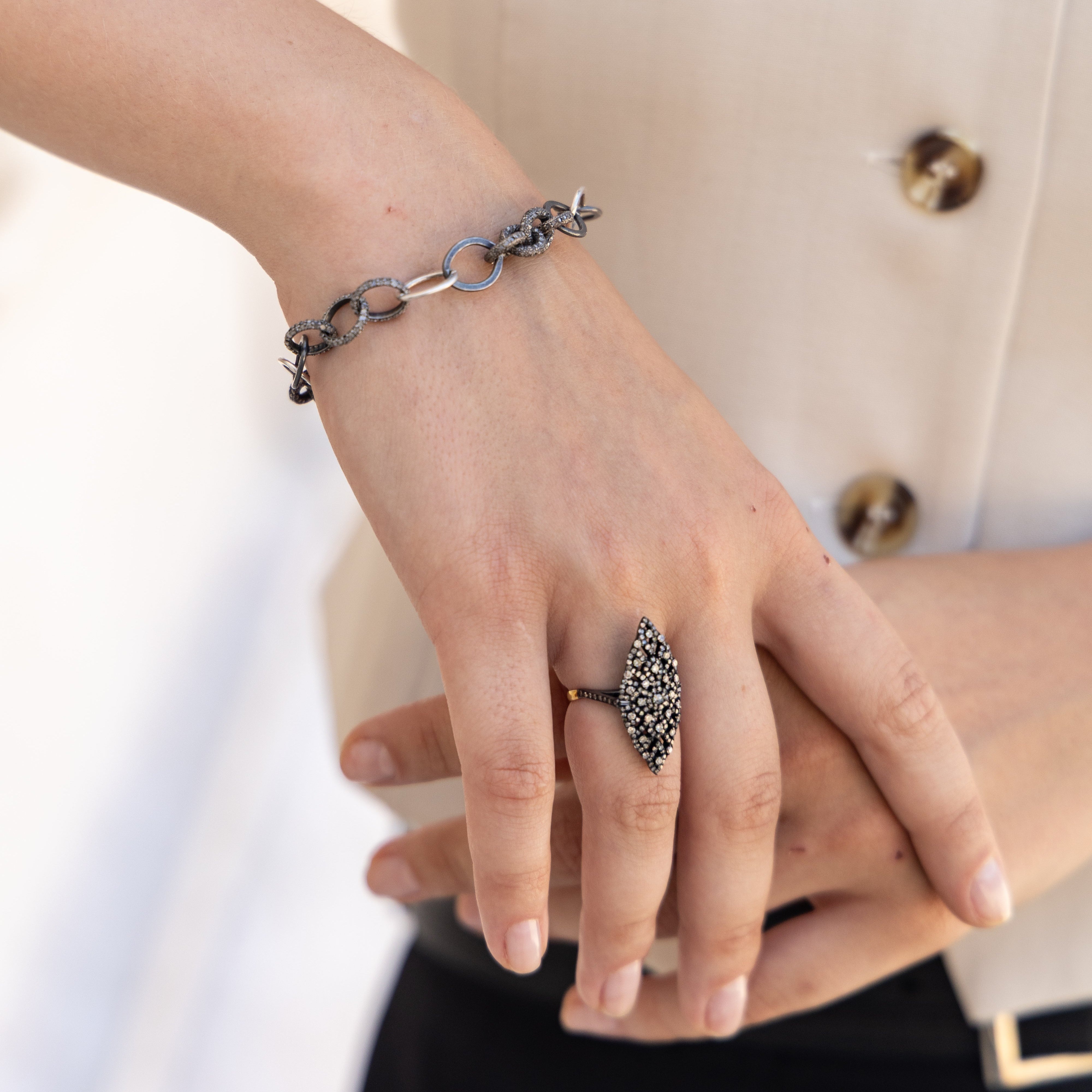 Pave Diamond Link Mixed Silver Bracelet