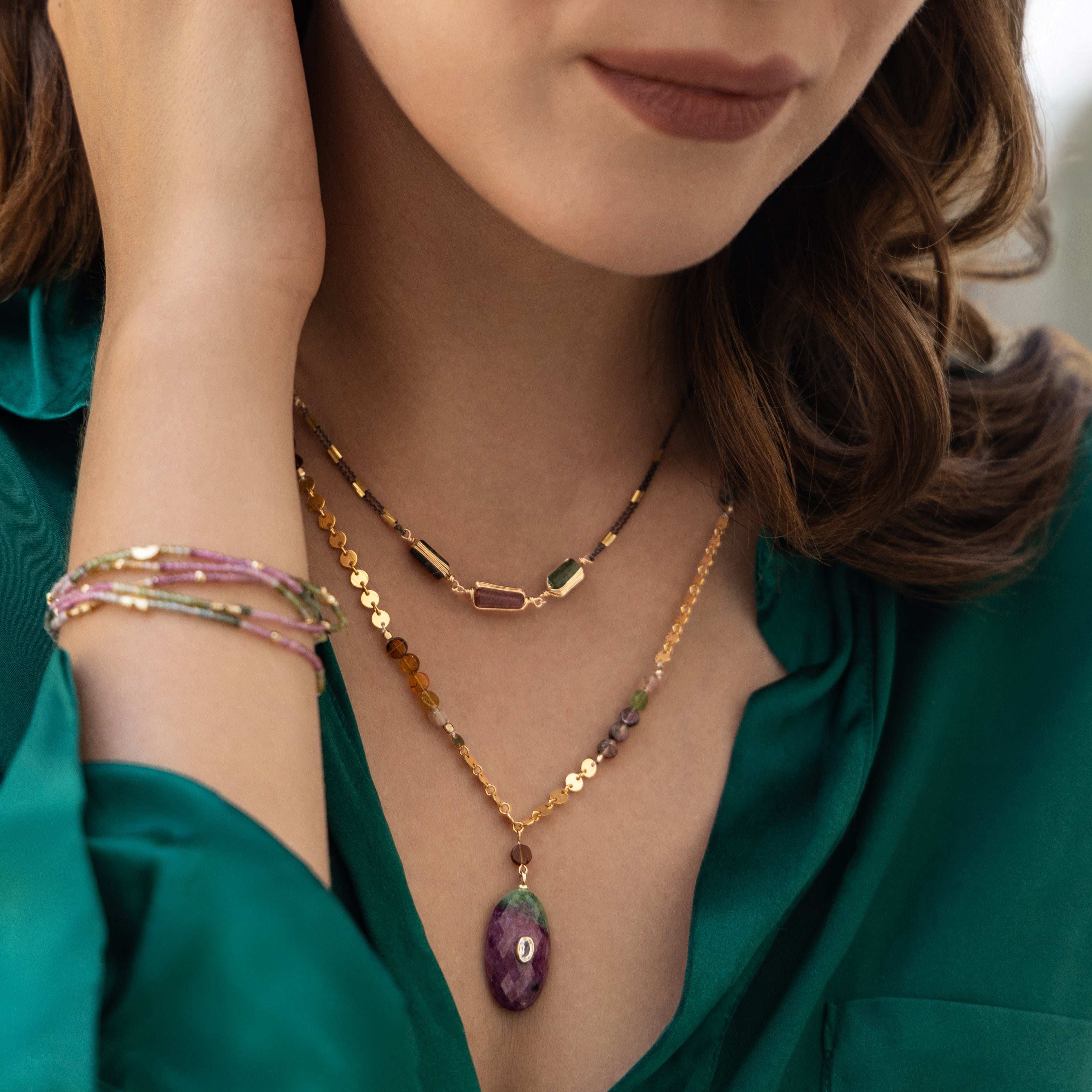 Magic Portal Zoisite Pendant & Tourmaline Coin Chain Necklace