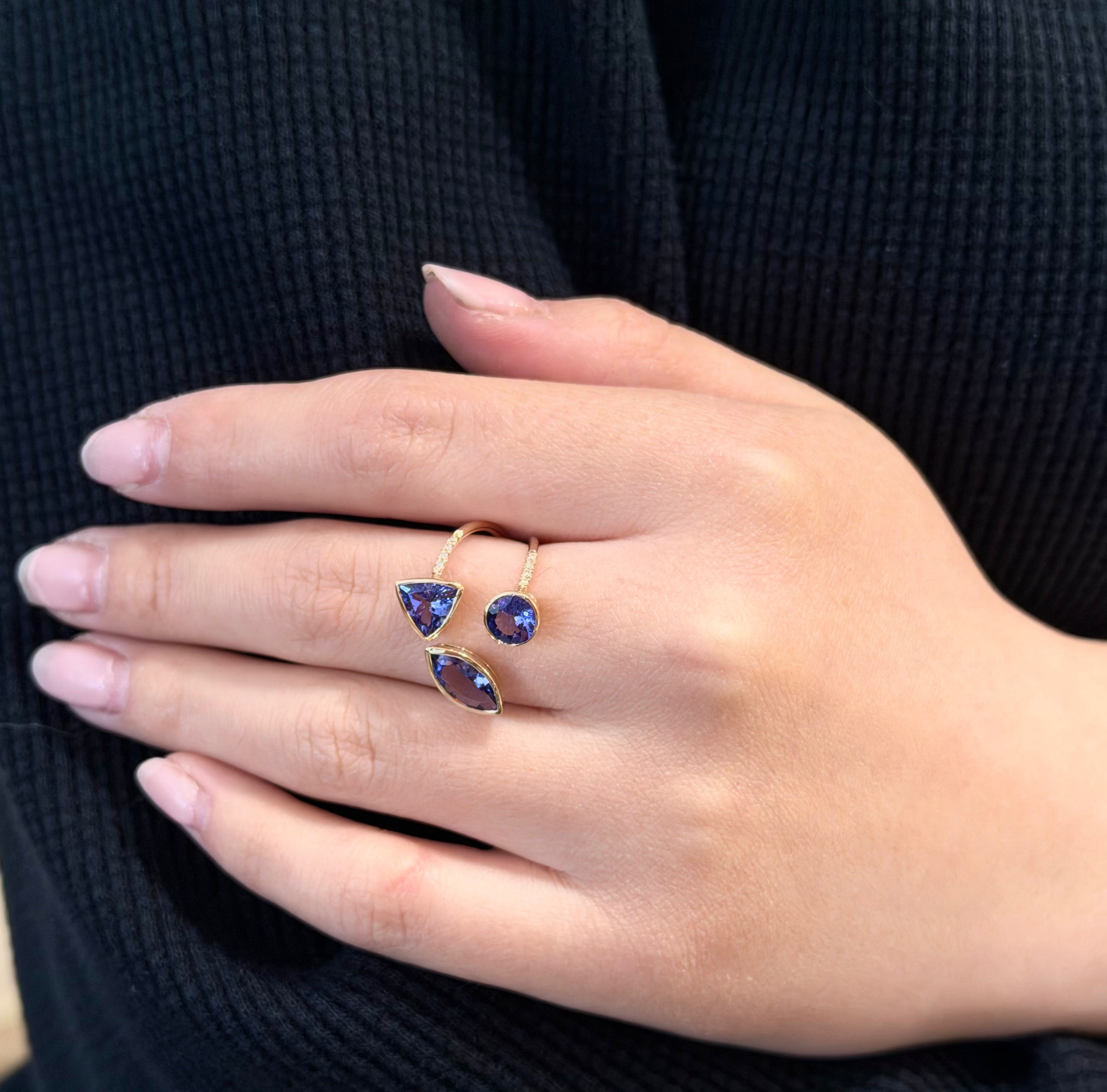 Three Tanzanite Geometric Diamond Open End Ring 14k