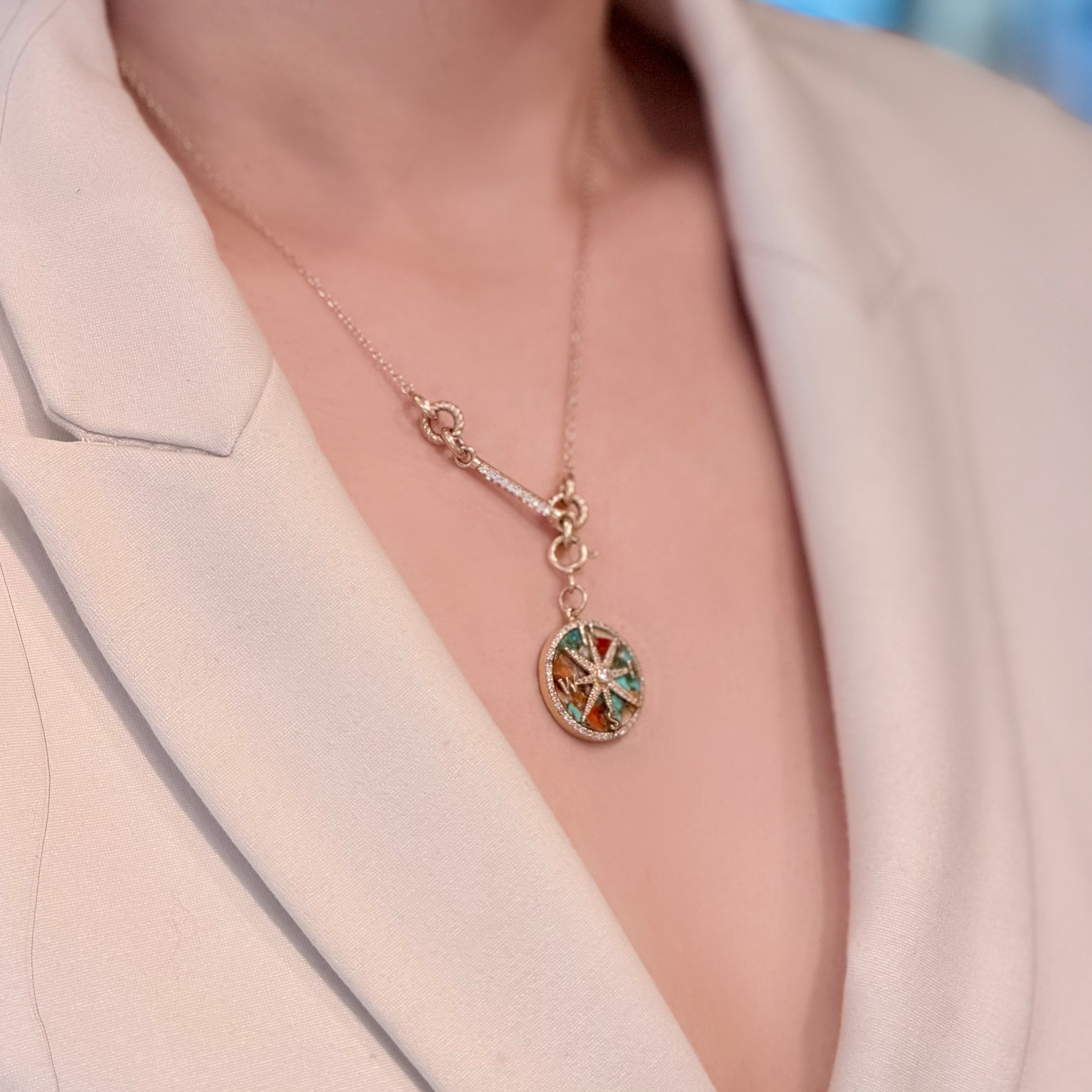 Oyster Turquoise Compass Diamond Chain Necklace 14K