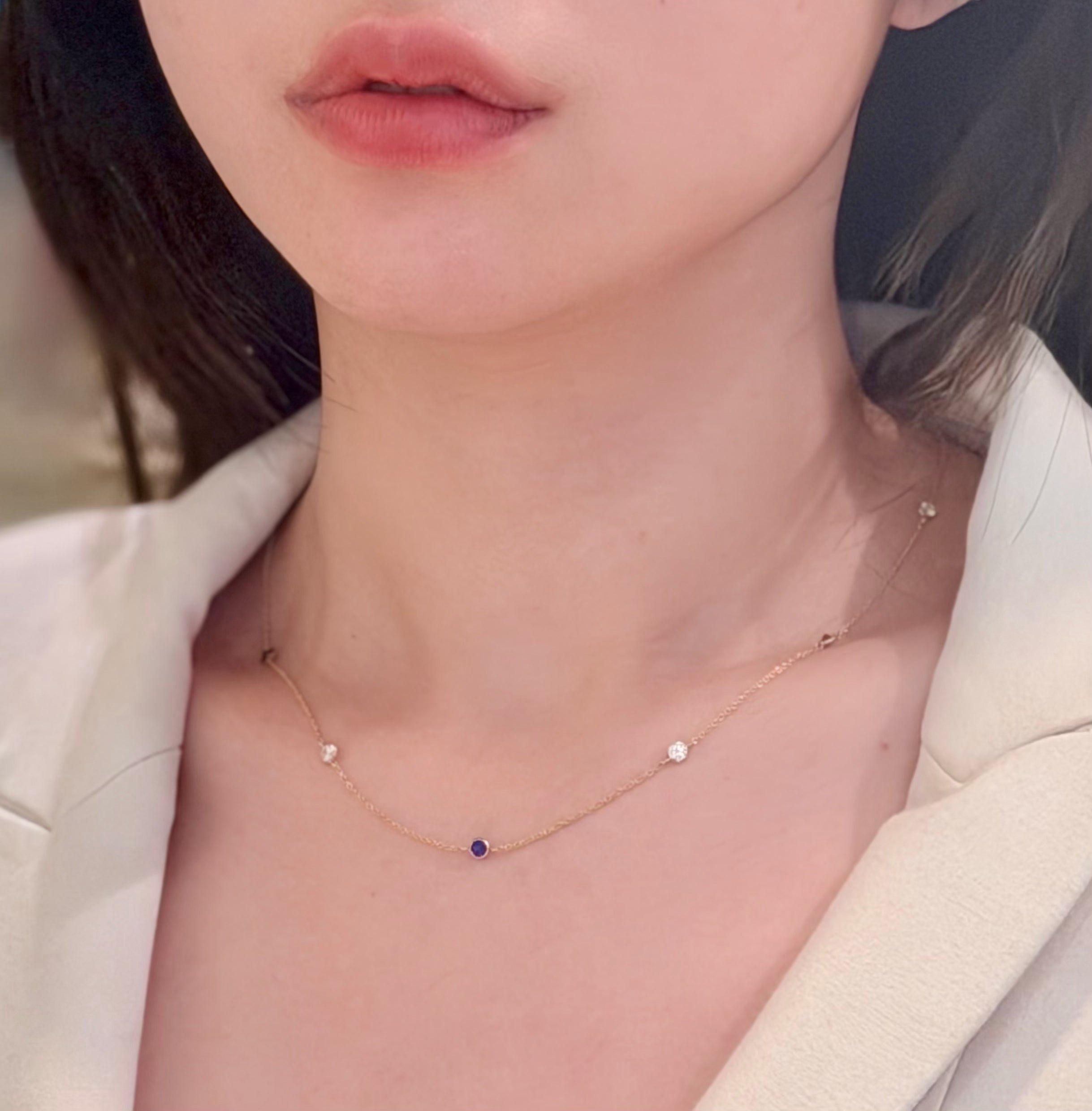 Natural Sapphire Lab-grown Diamond Stationed Necklace 14K