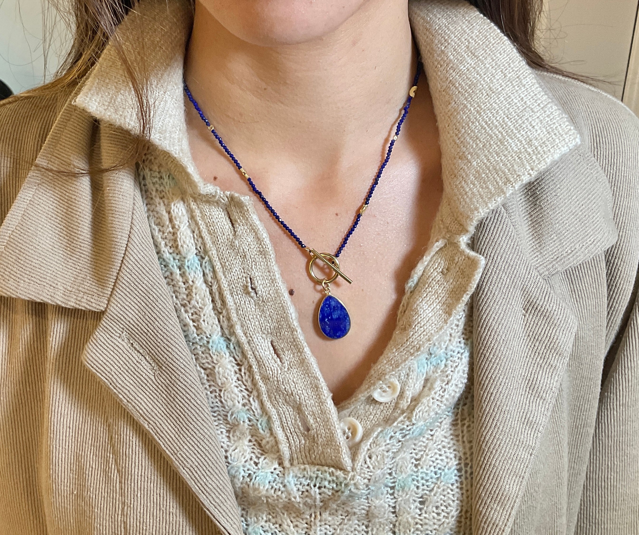 Lapis and Sapphire Half Moon Necklace with Toggle