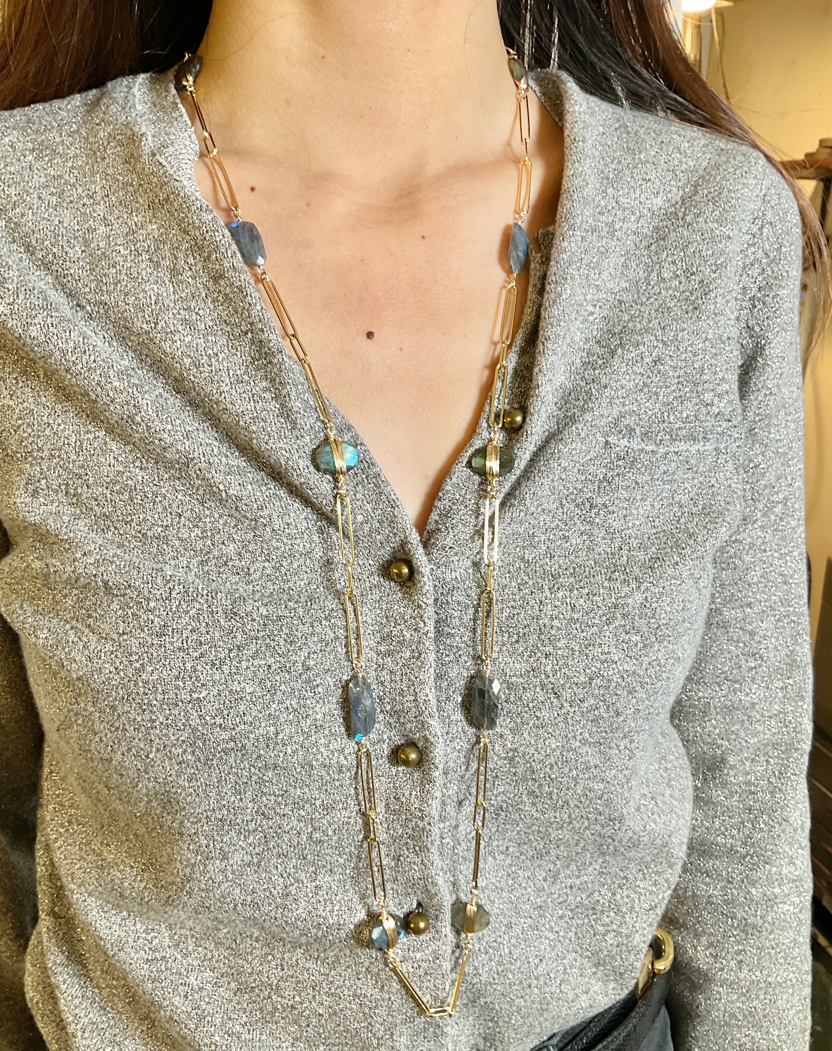 Labradorite Gold Wired Paperclip Long Necklace