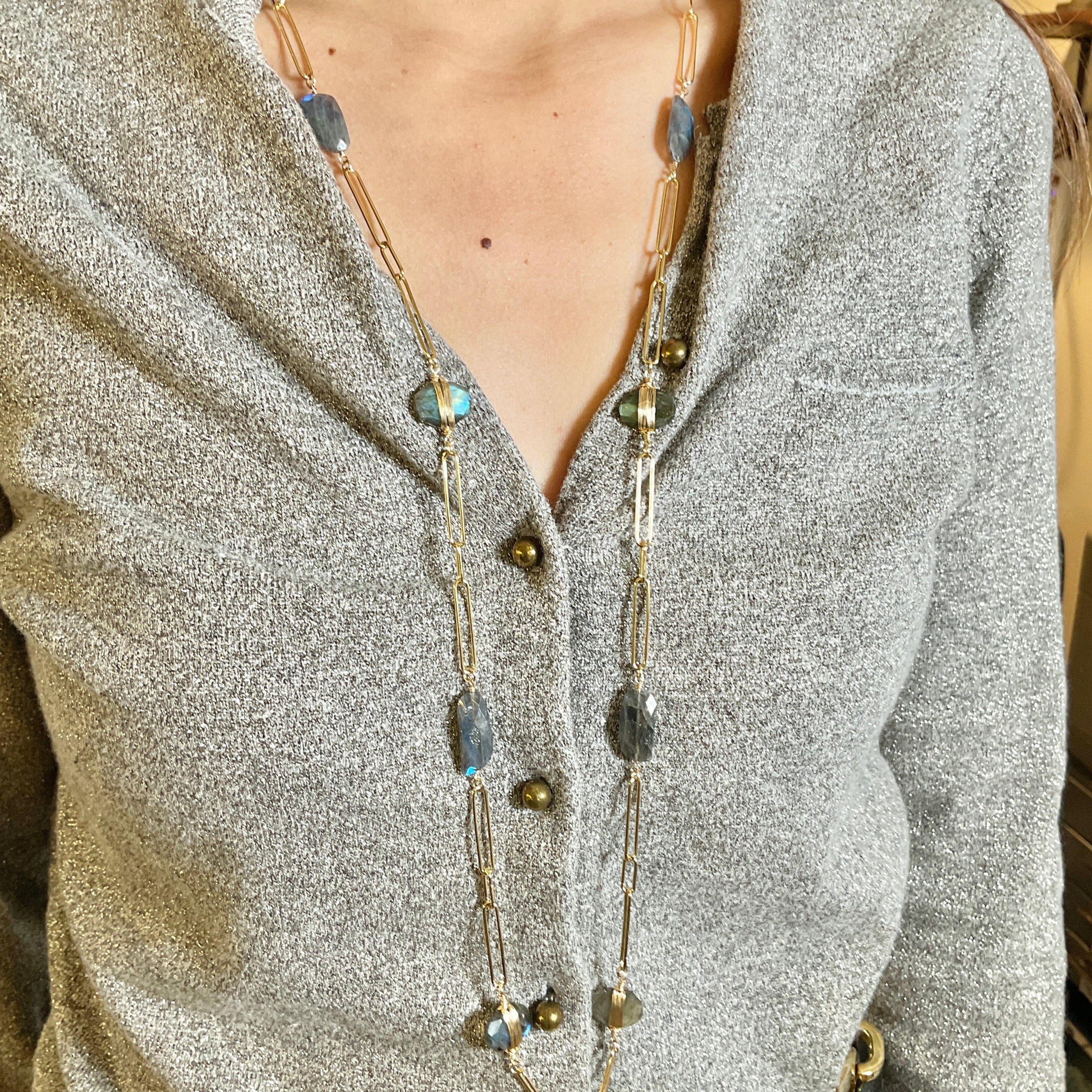 Labradorite Gold Wired Paperclip Long Necklace