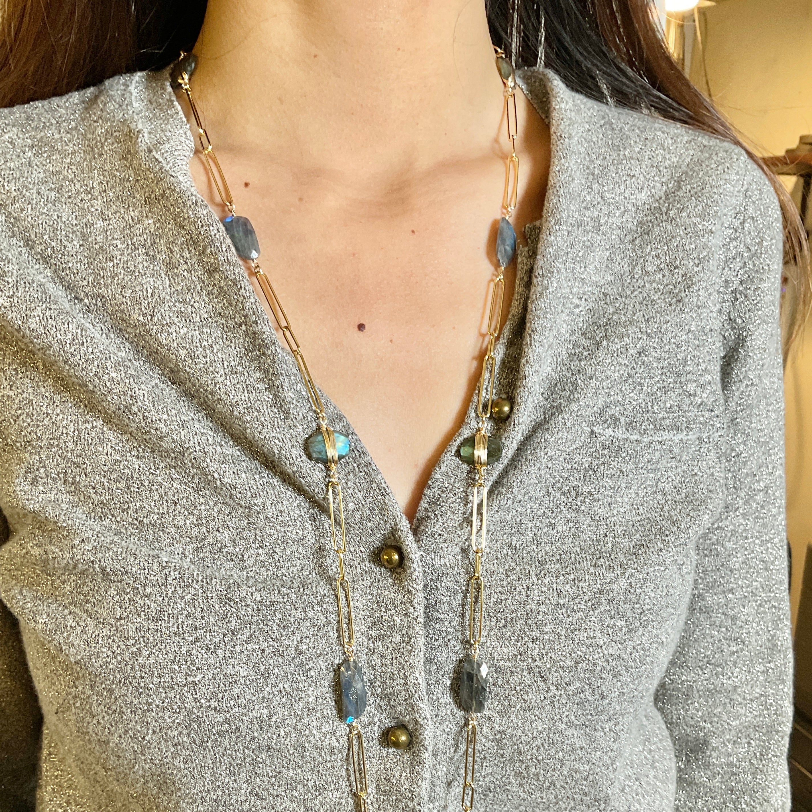 Labradorite Gold Wired Paperclip Necklace