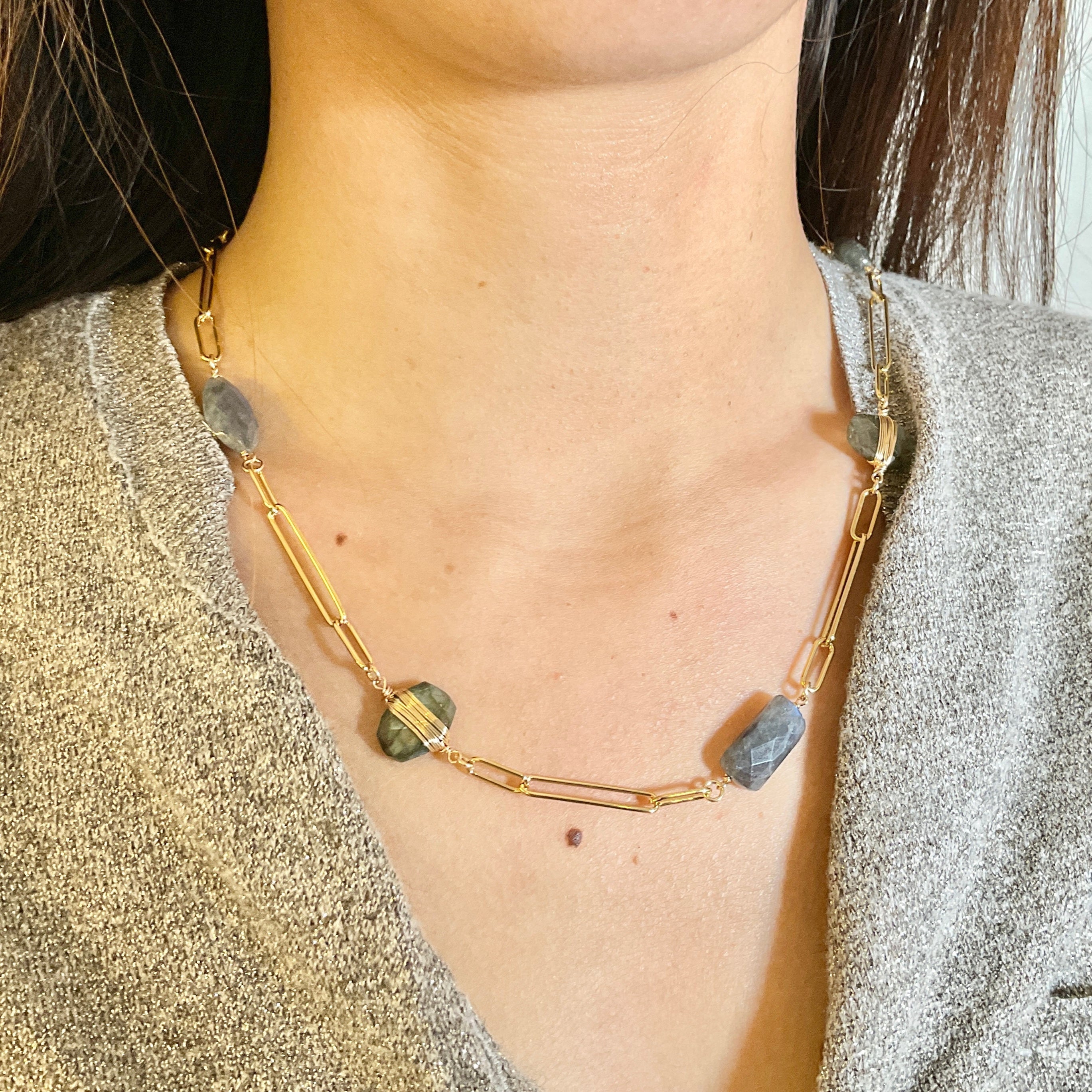 Labradorite Gold Wired Paperclip Necklace