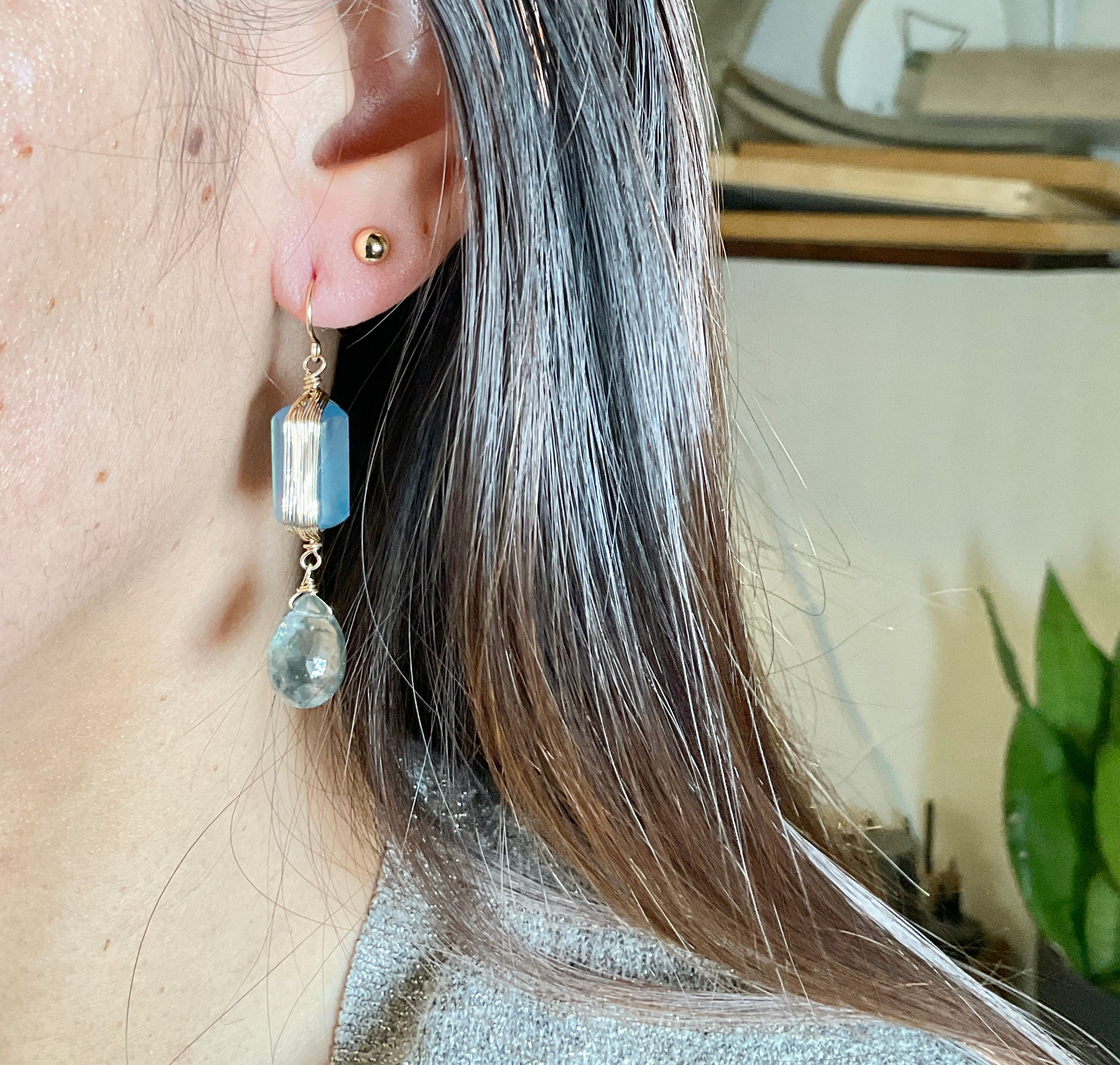 Aqua Blue Wired With Moss Aqua Drop Earrings